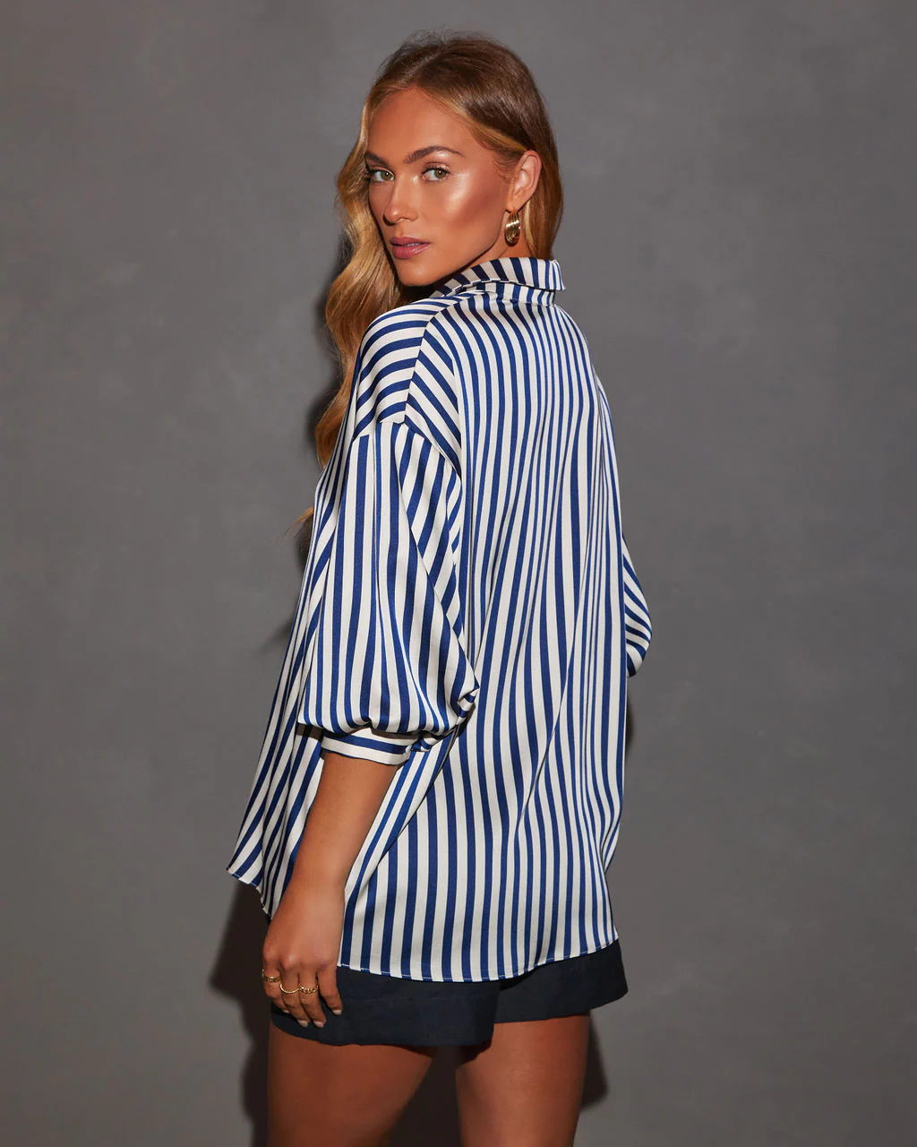 Blake Striped Blousson Sleeve Collared Satin Shirt