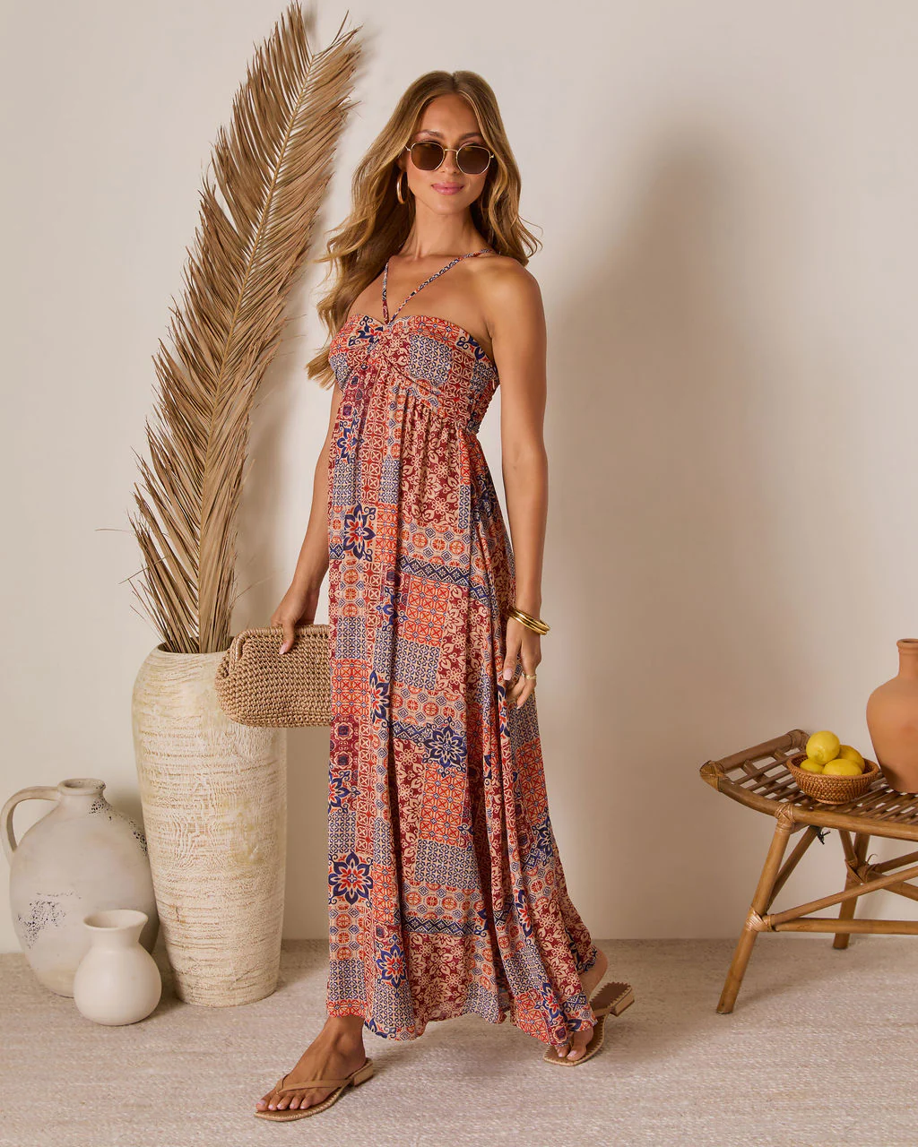 Eliora Tropical Print Halter Maxi Dress