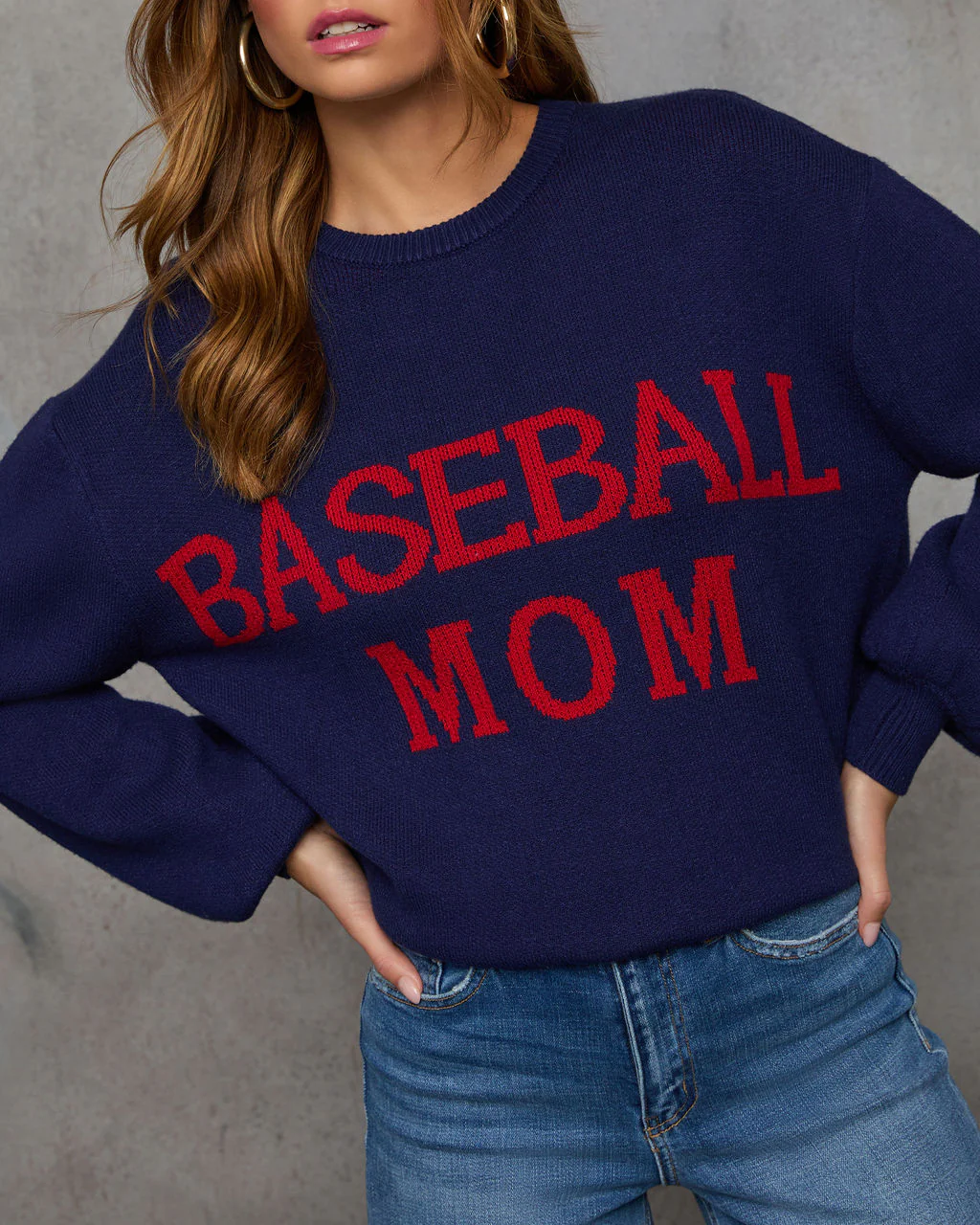 Baseball Mom Knit Pullover Sweater - Grey