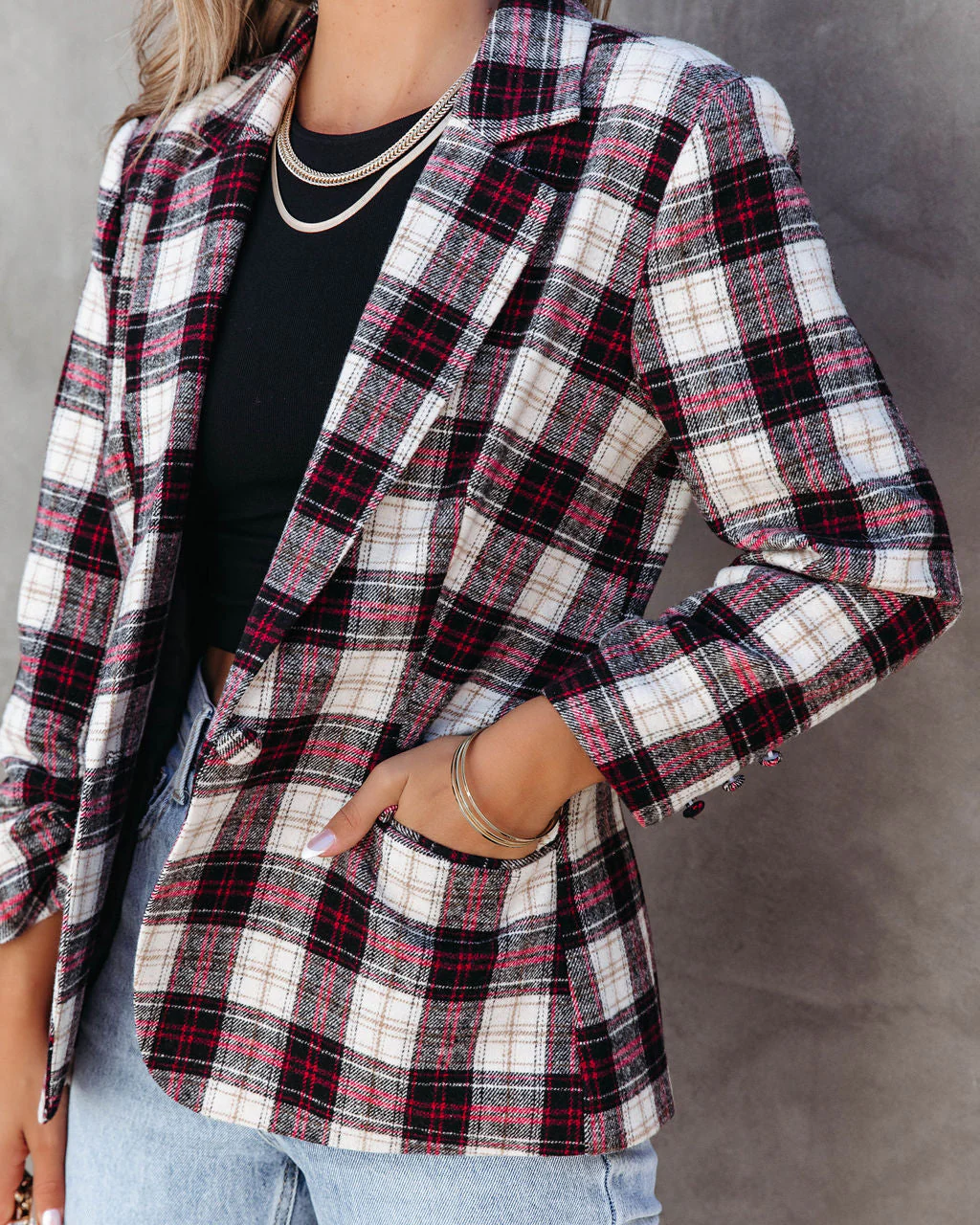 Big Apple Dreams Pocketed Plaid Blazer