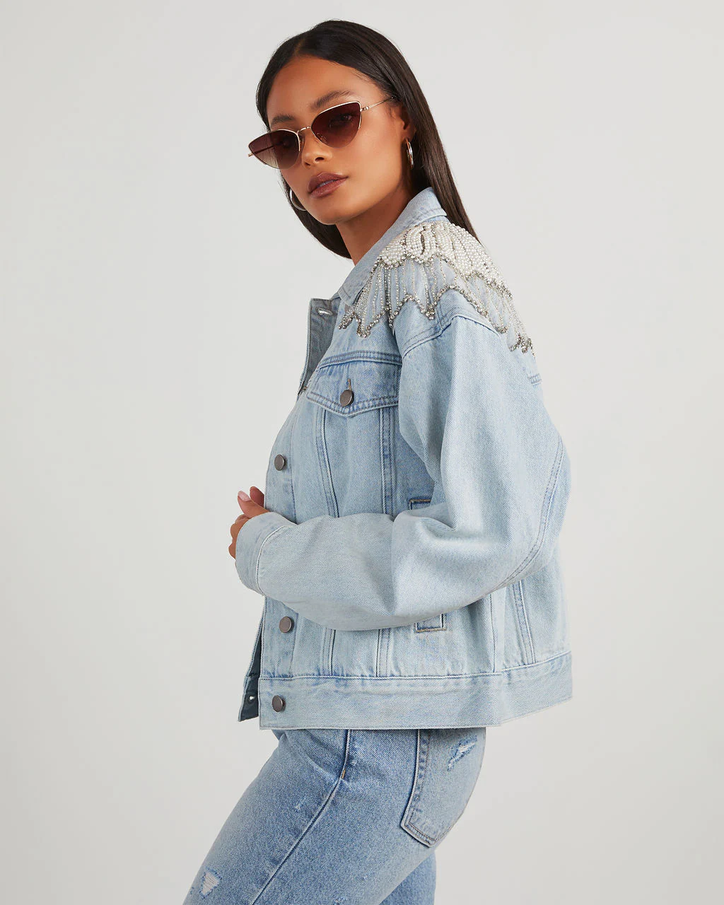 Delanie Pearl & Rhinestone Denim Jacket