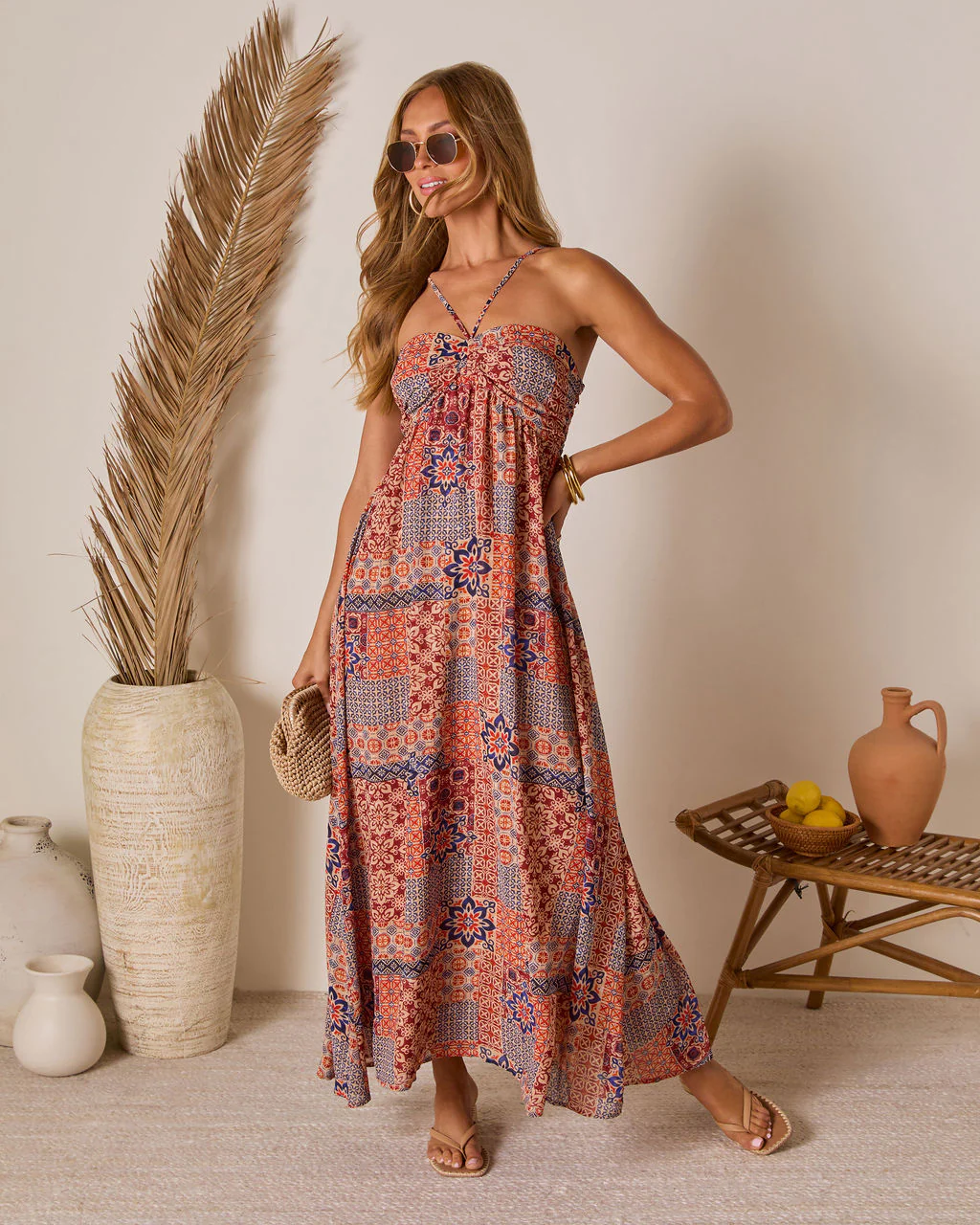 Eliora Tropical Print Halter Maxi Dress