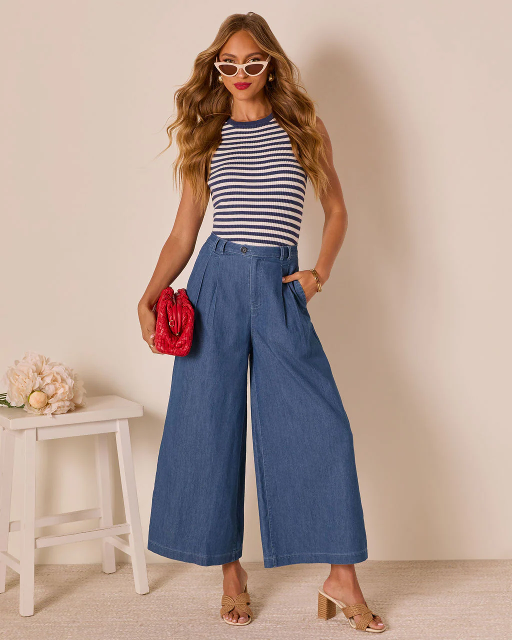 Celadine Wide Leg Pleated Chambray Pants