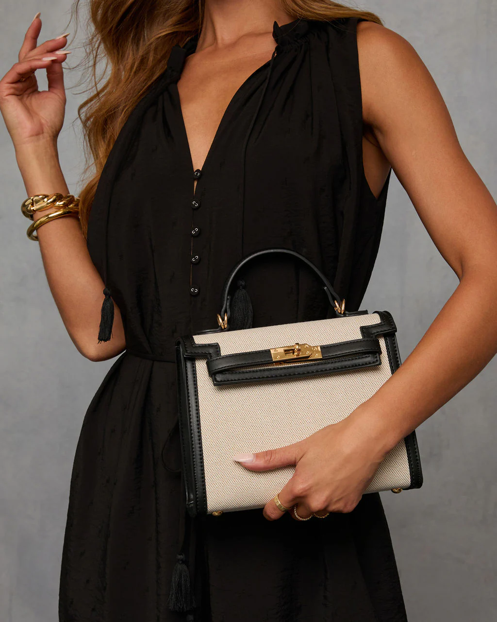 Izabella Contrast Trim Canvas Top Handle Bag