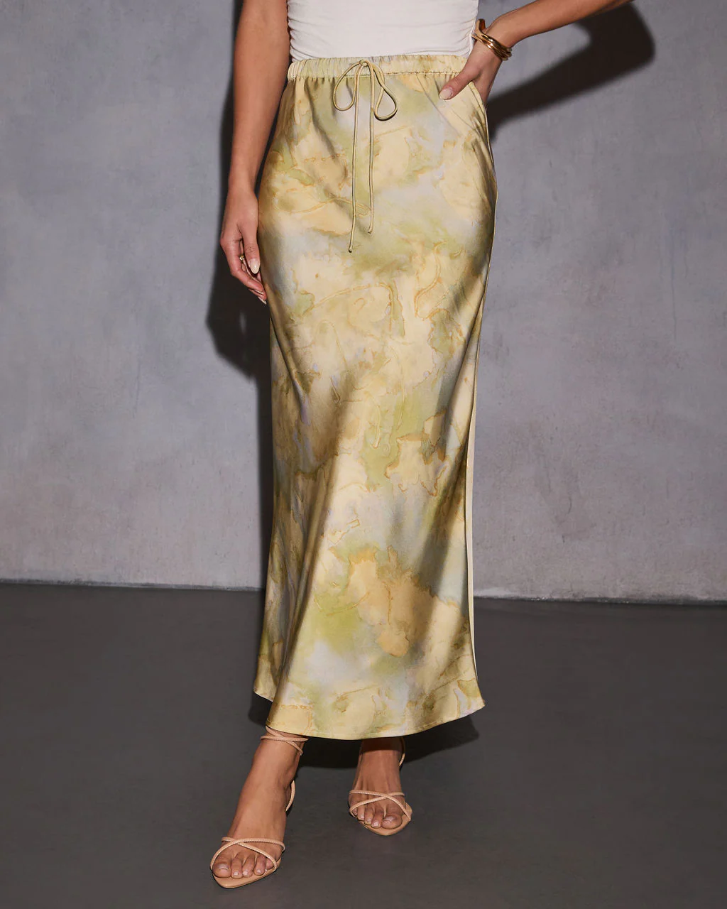 Honeydew Satin Abstract Maxi Skirt