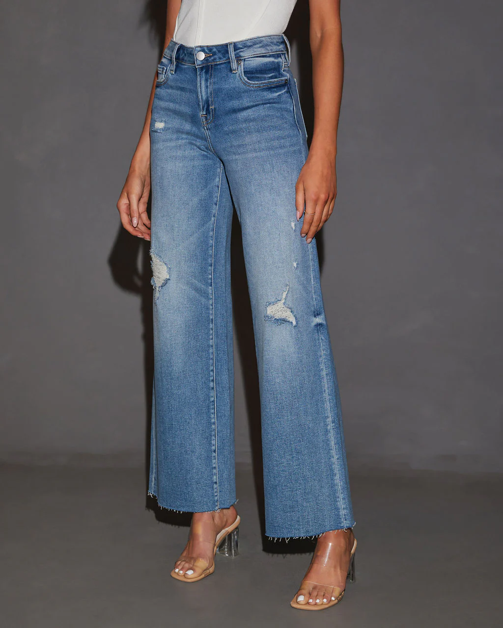 Cooper Super Stretch Distressed Wide Leg Jeans