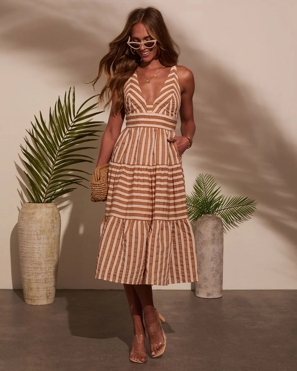 Elly Striped V Neck Midi Dress