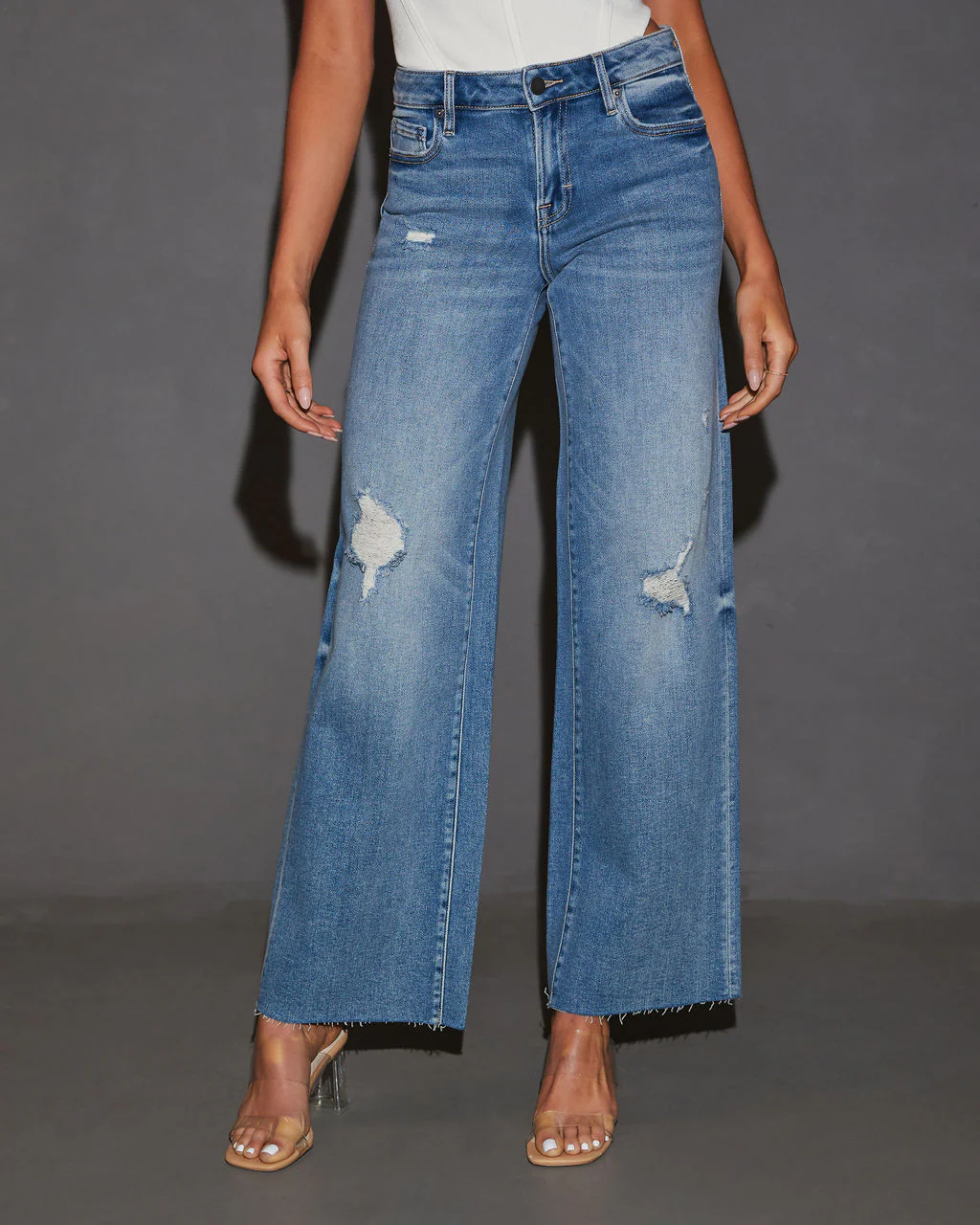 Cooper Super Stretch Distressed Wide Leg Jeans