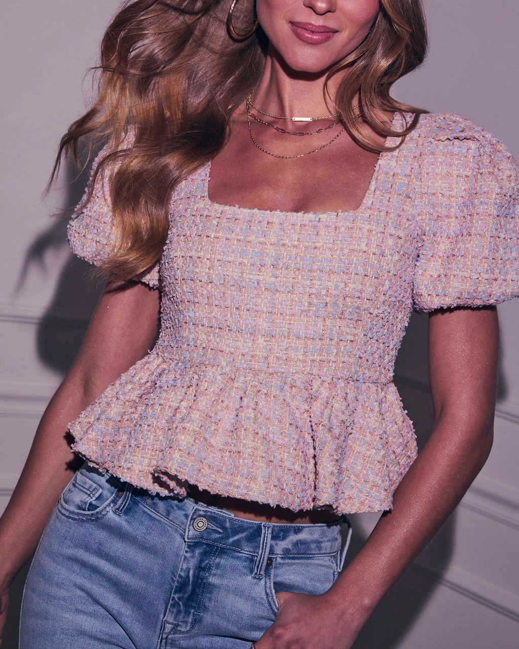 Happy Place Tweed Puff Sleeve Peplum Top