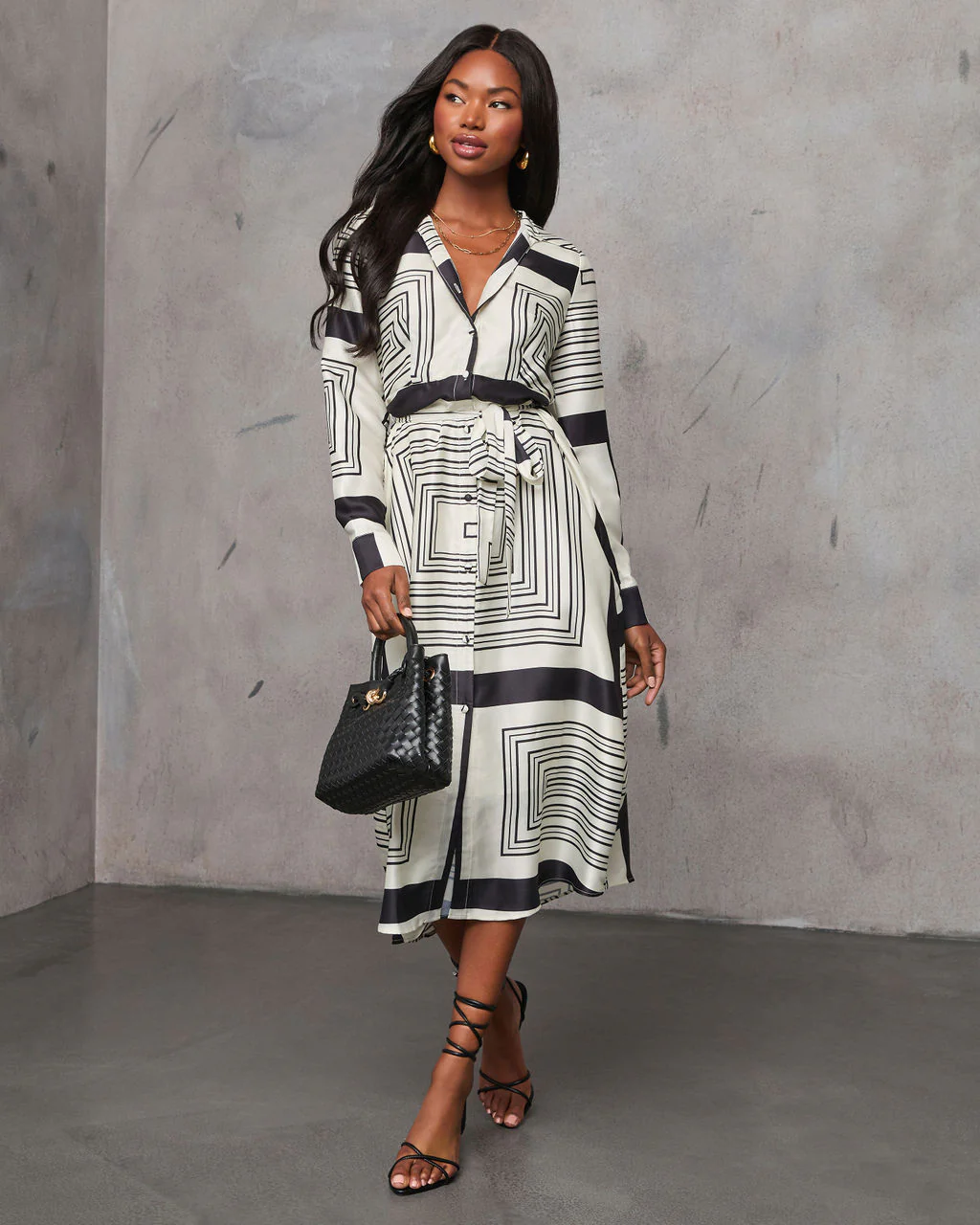 Elaina Geo Print Waist Tie Shirt Dress