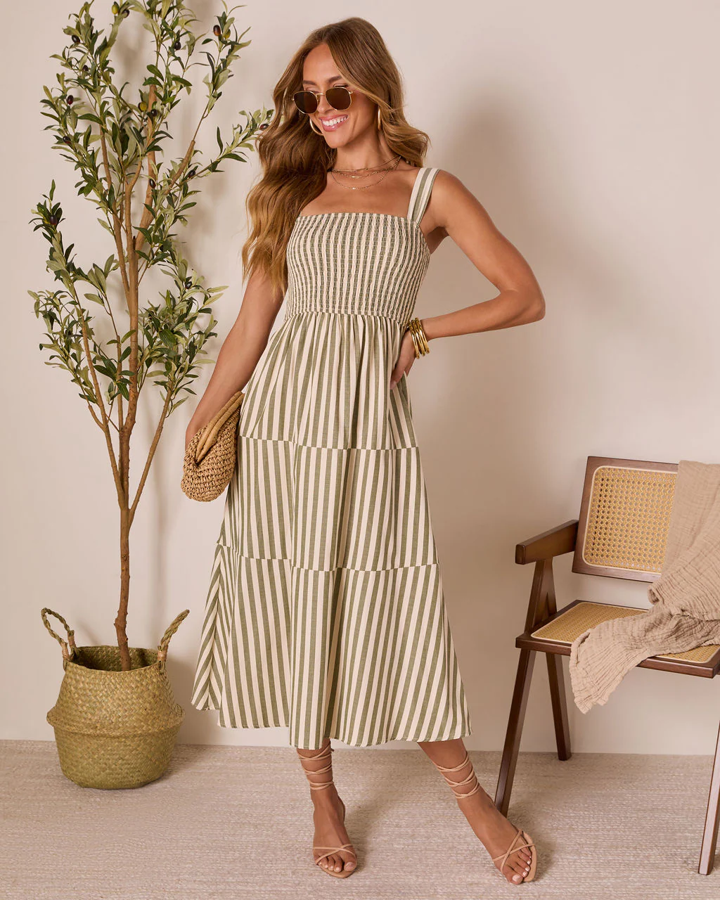 Braylin Striped Smocked Midi Dress