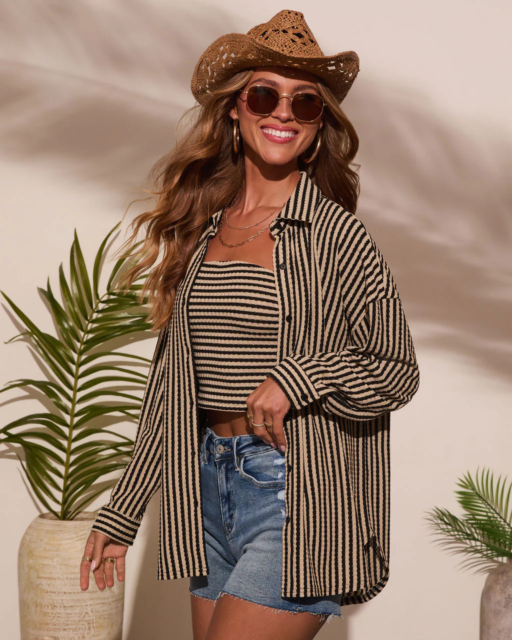 Deep End Contrast Stripe Button Down Top