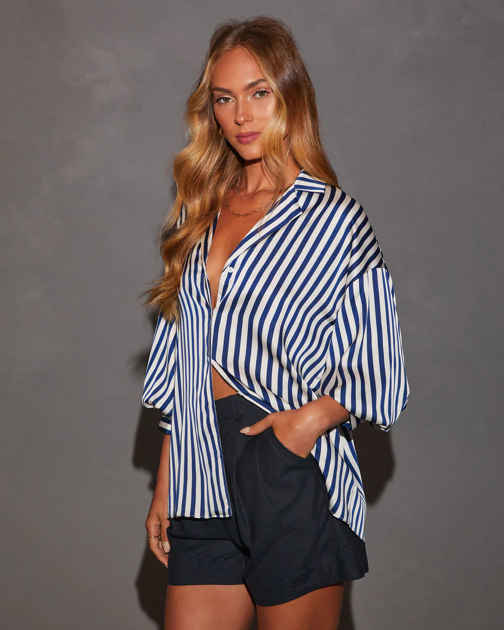 Blake Striped Blousson Sleeve Collared Satin Shirt