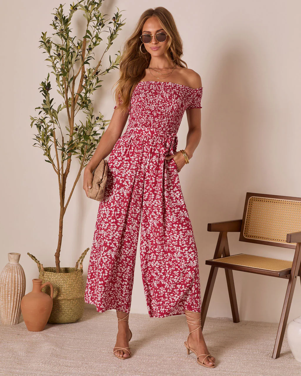 Dawna Off The Shoulder Waist Tie Jumpsuit