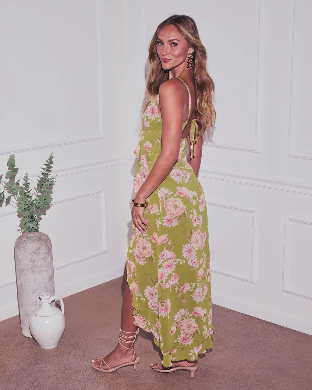 Capriccio Satin Floral Ruffle Maxi Dress