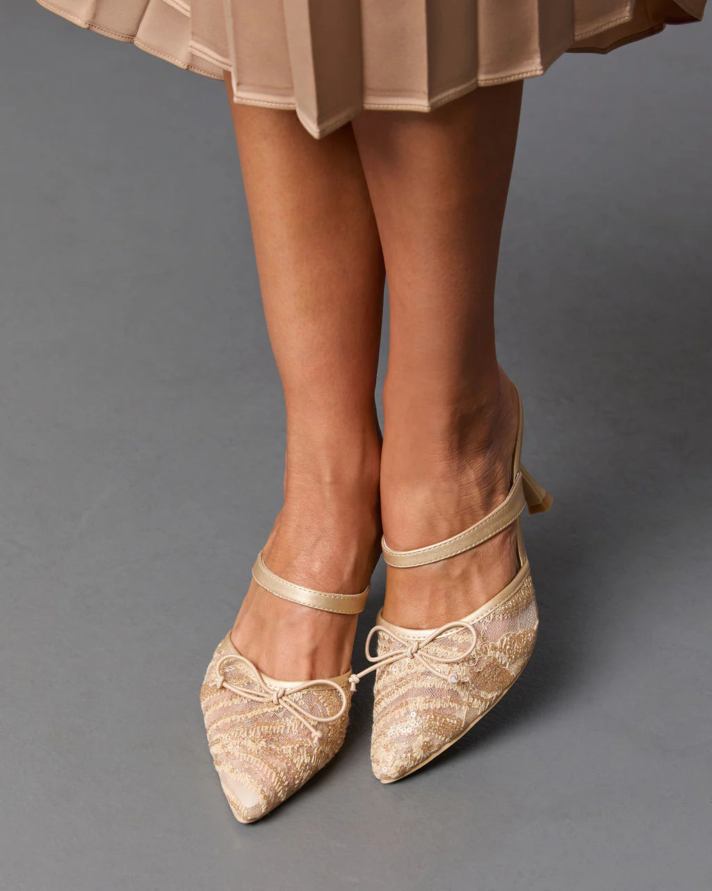 Chiclet Mesh Embroidery Heeled Mules