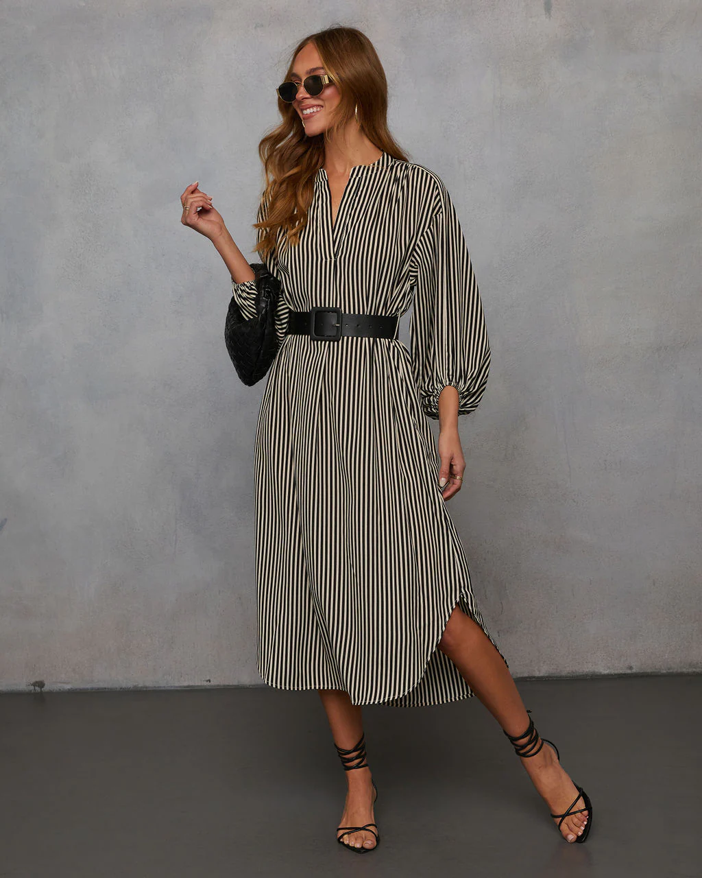 Dimarco Striped Pocketed Belted Midi Dress