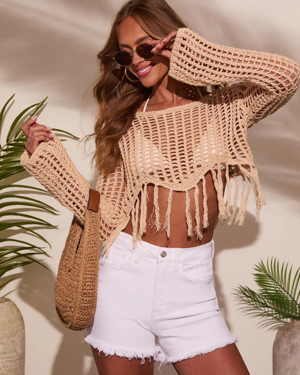 Arloe Open Knit Fringe Crochet Top