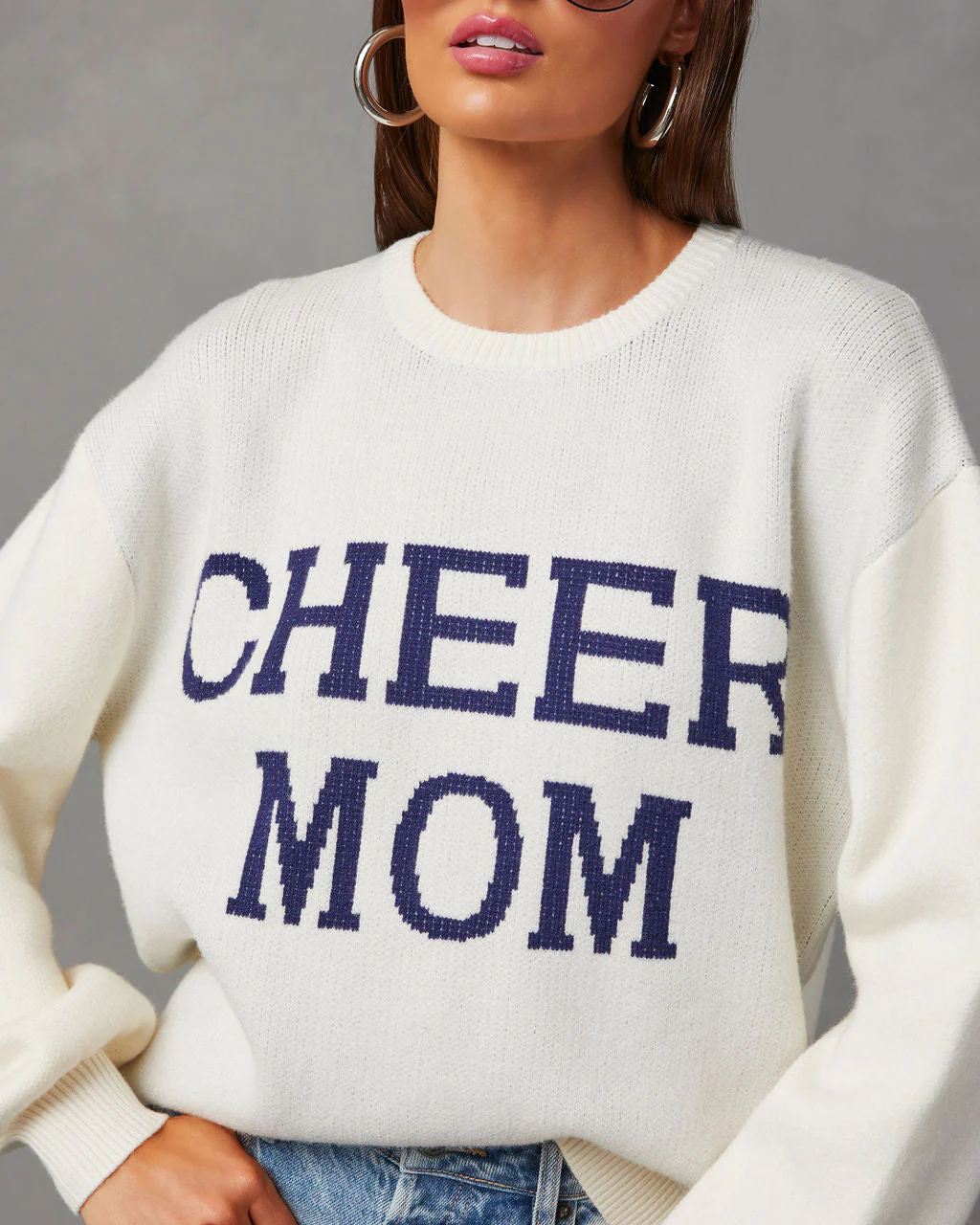 Cheer Mom Knit Pullover Sweater - Cream