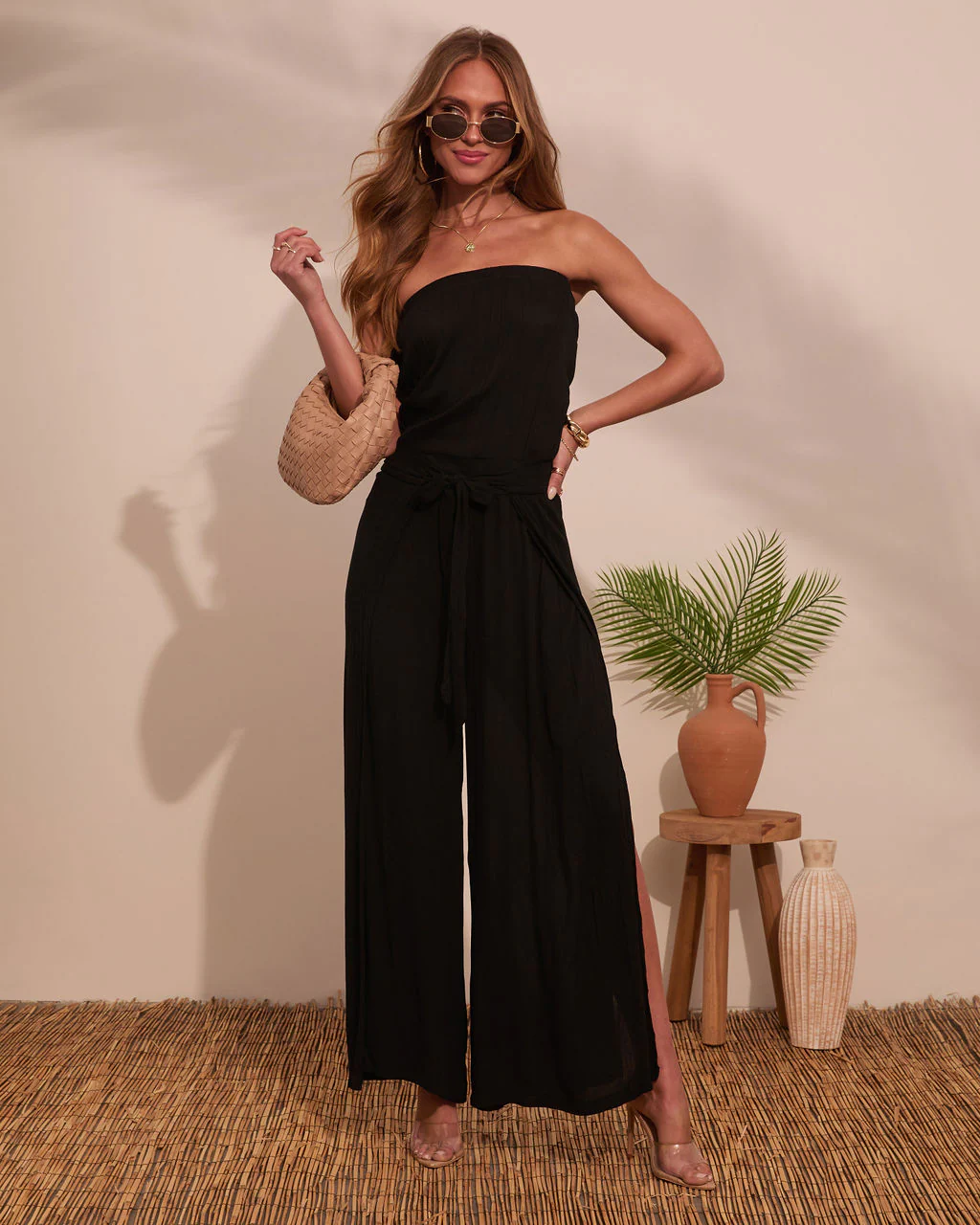 Coasting By Strapless Waist Tie Jumpsuit