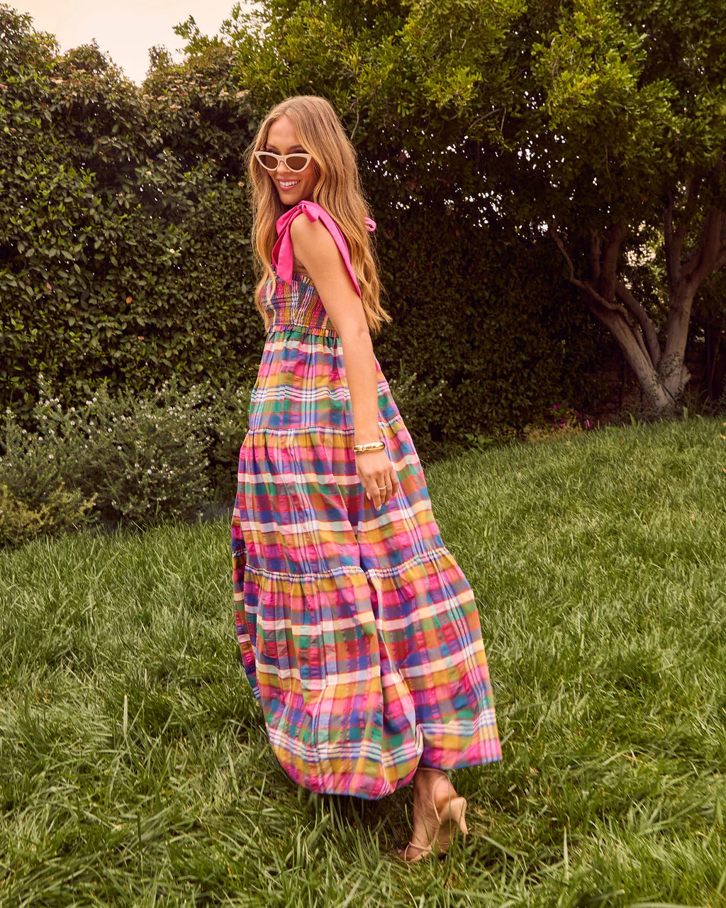 Izie Plaid Tiered Maxi Dress