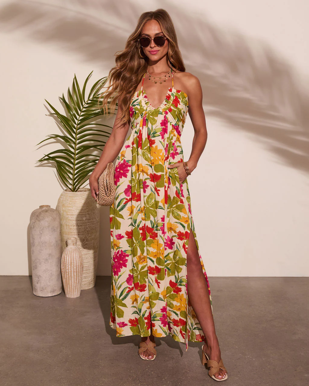 Honolulu Halter Tropical Print Maxi Dress