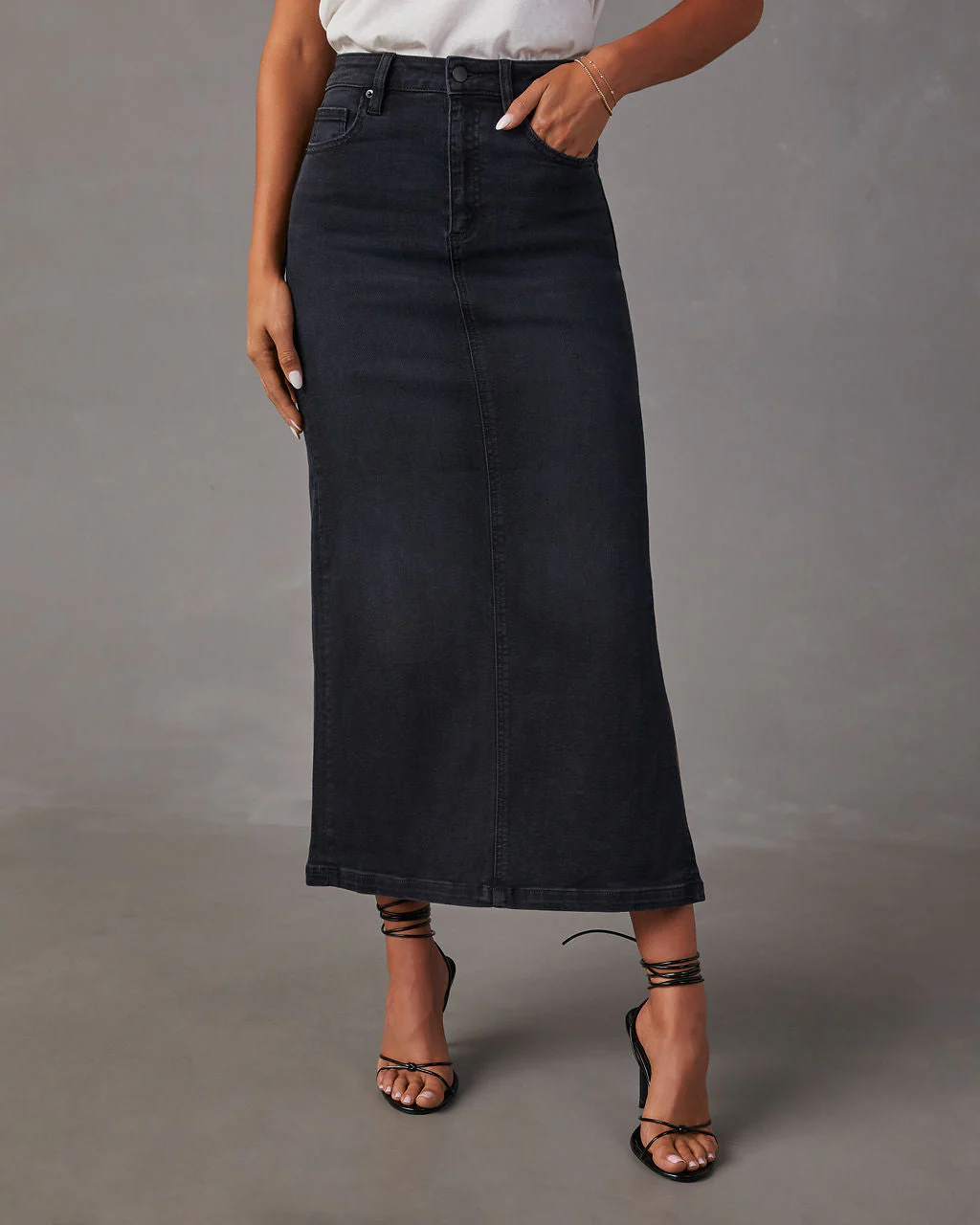 Chic Side Slit Denim Midi Skirt