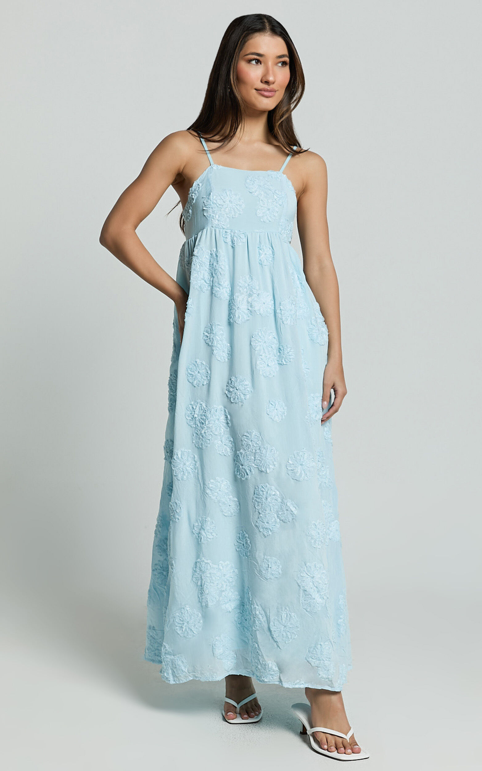 Claya Maxi Dress - Sleeveless Straight Neckline Floral Detail Dress in Pale Blue