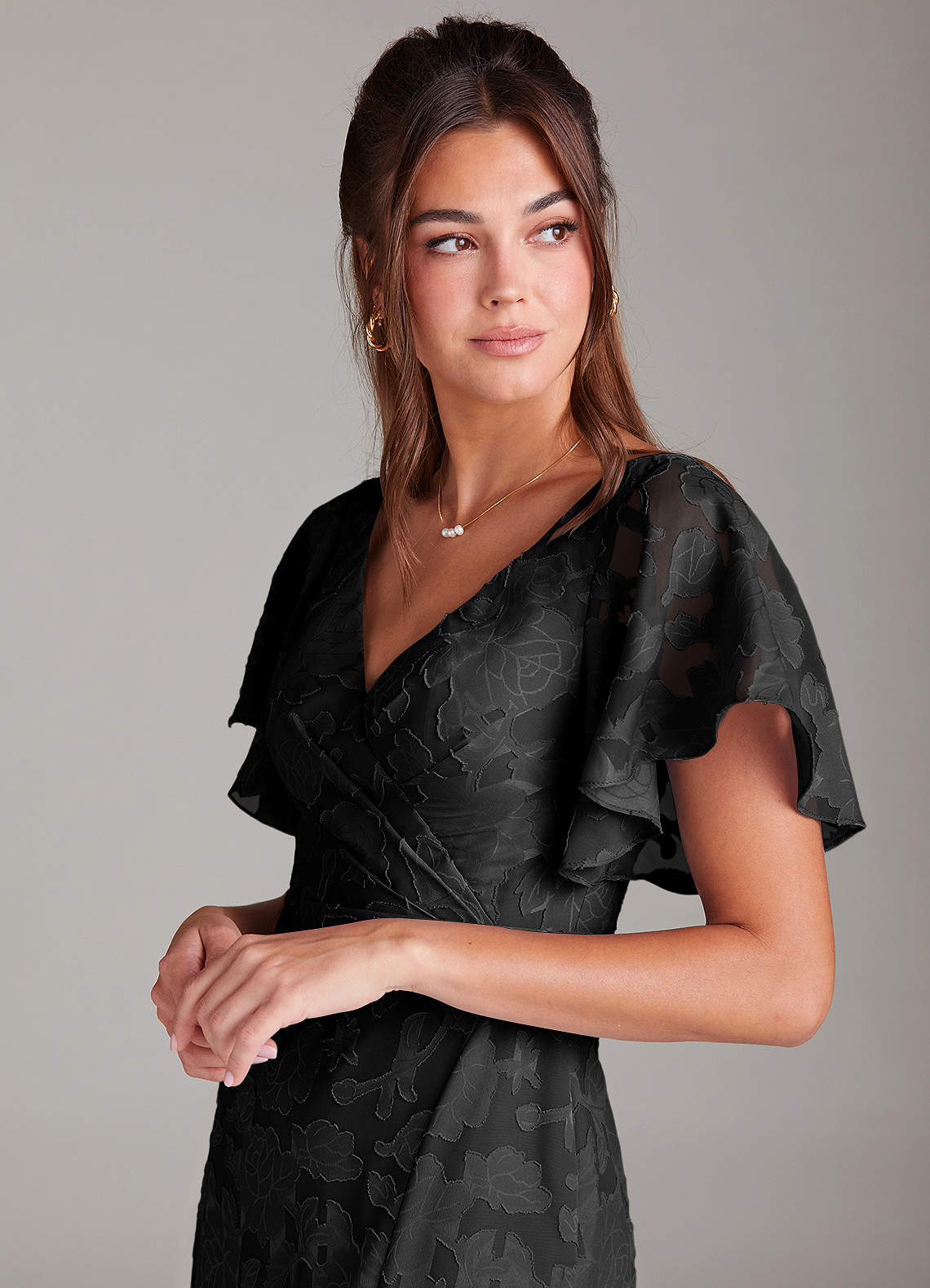 Black A-Line Pleated Floral Burnout Dress