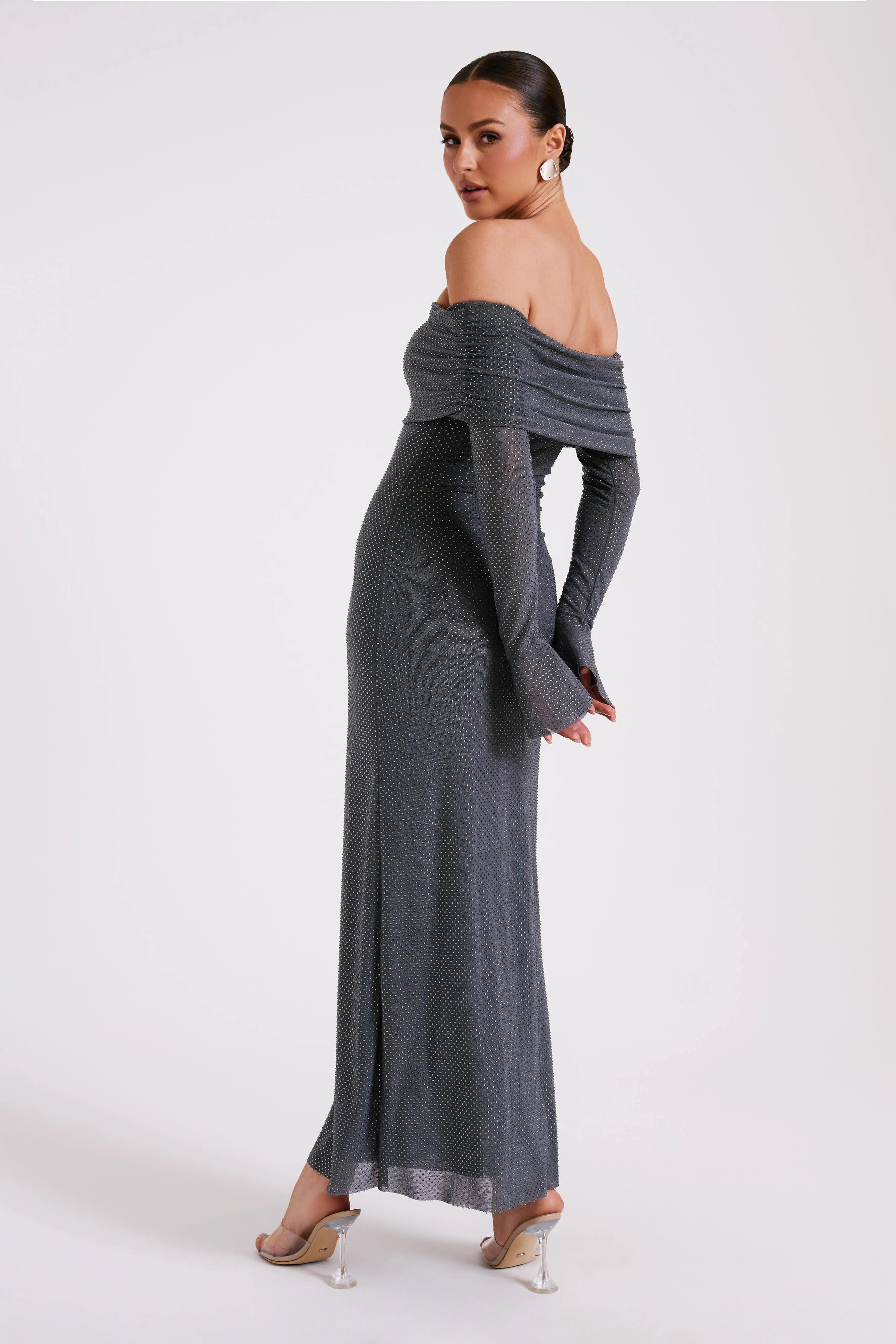 Marcel Off Shoulder Diamante Maxi Dress - Gunmetal/Chocolate