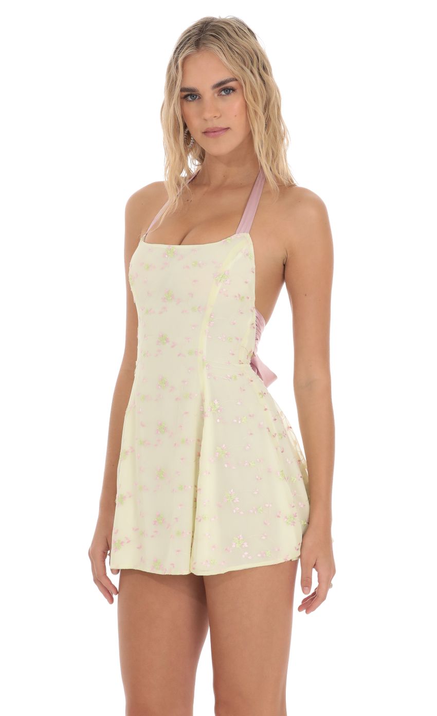 Halter Floral Embroidered Open Back Dress in Yellow
