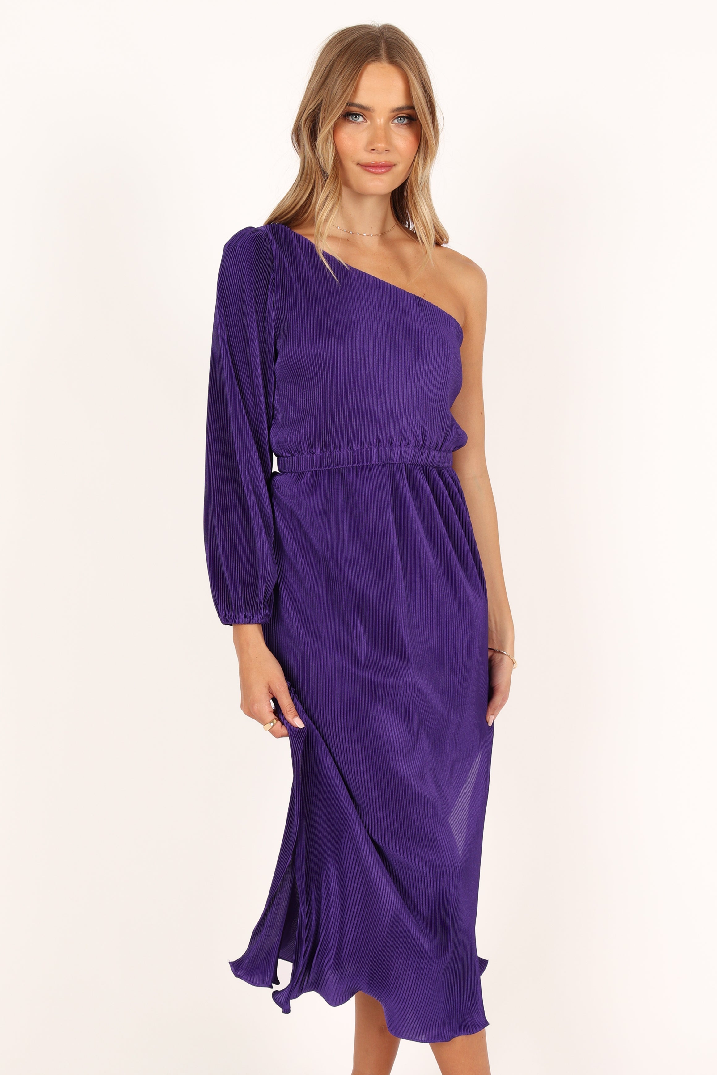 Pontee One Shoulder Pleated Midi Dress - Purple