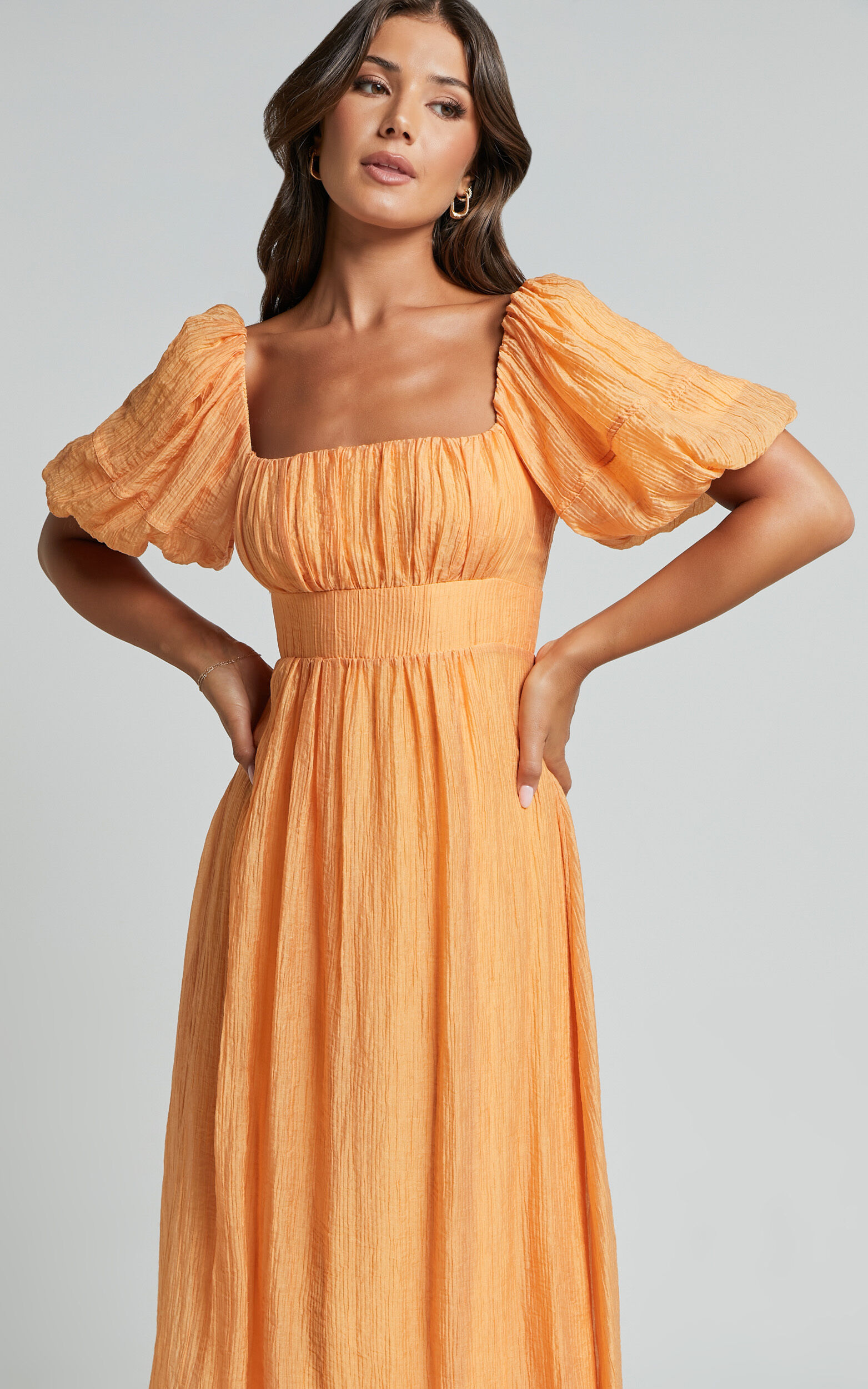 Roshina Midi Dress - Straight Neck Puff Sleeve Dress in Orange