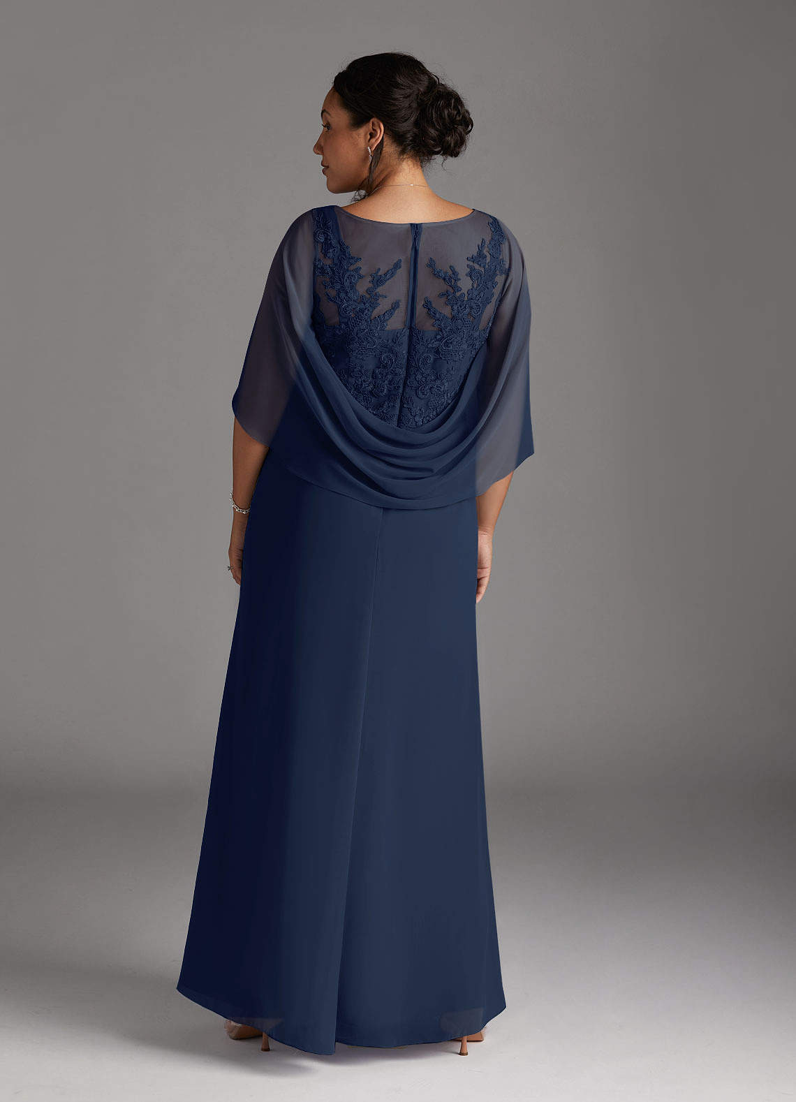 Dark Navy A-Line Lace Capelet Chiffon Dress