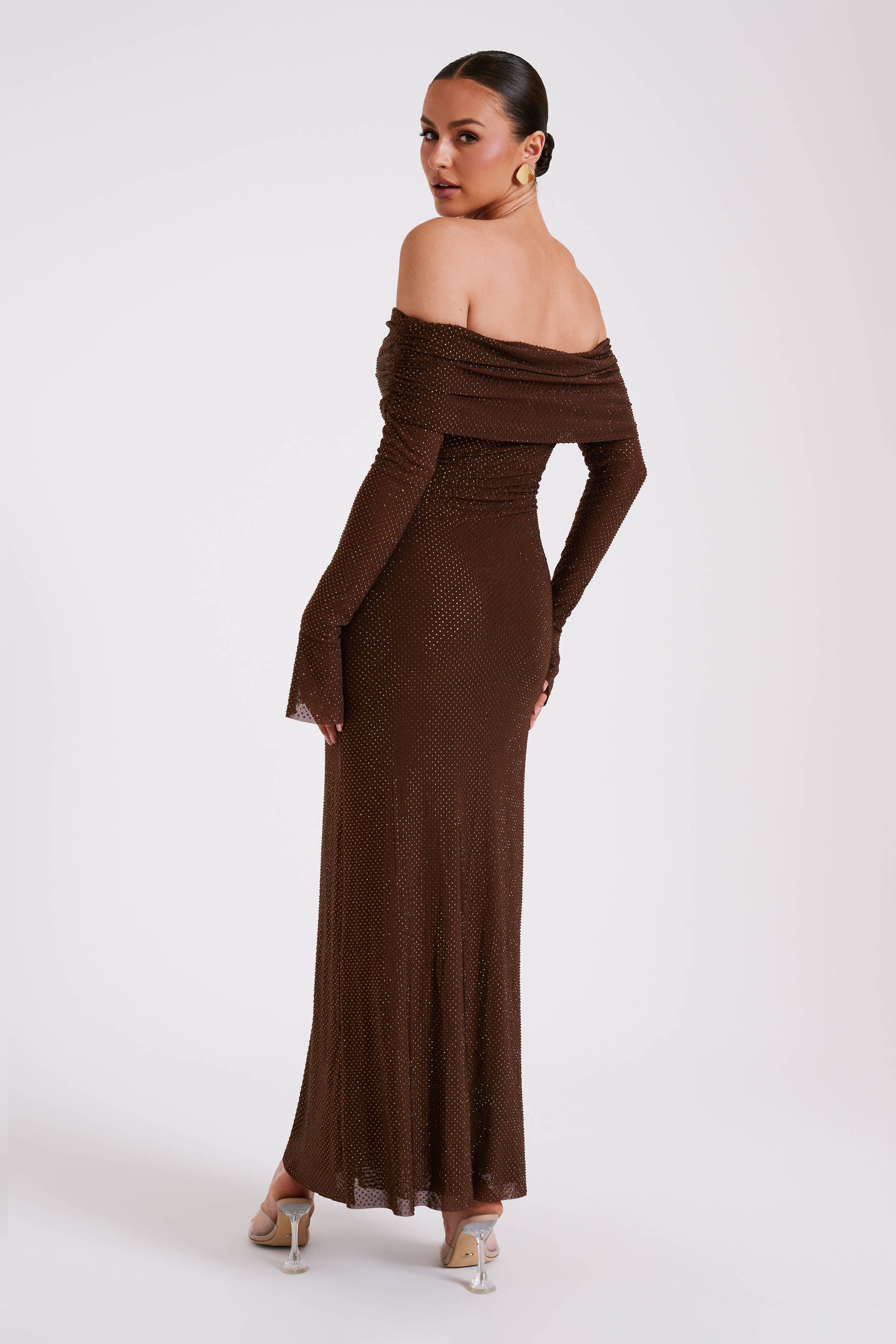 Marcel Off Shoulder Diamante Maxi Dress - Gunmetal/Chocolate