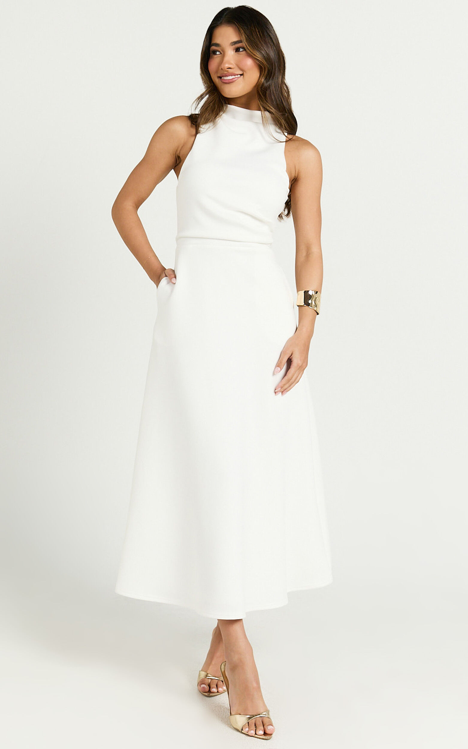 Macy Midi Dress - High Neck A Line Dress in Off White