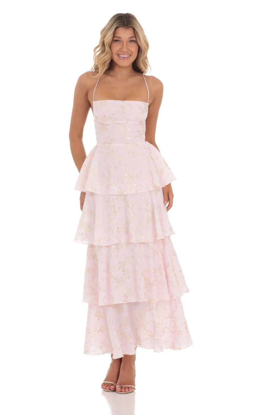 Crinkle Foiled Floral Maxi Dress in Pink