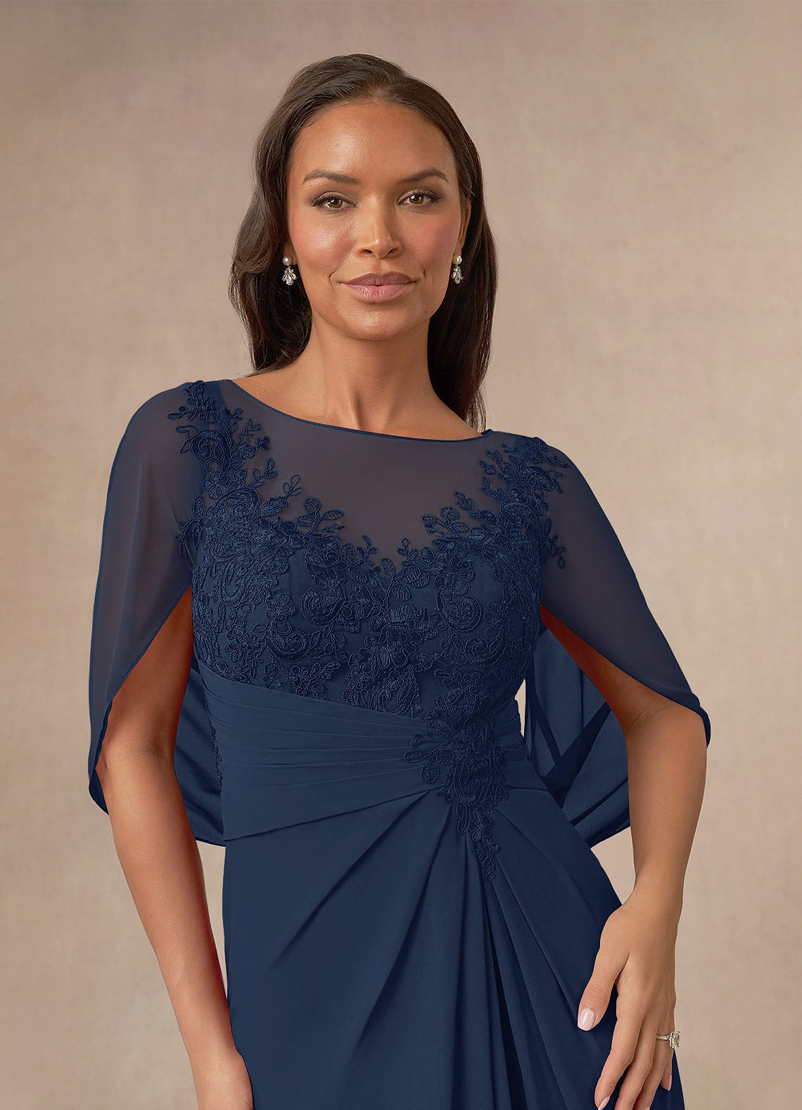 Dark Navy A-Line Lace Capelet Chiffon Dress
