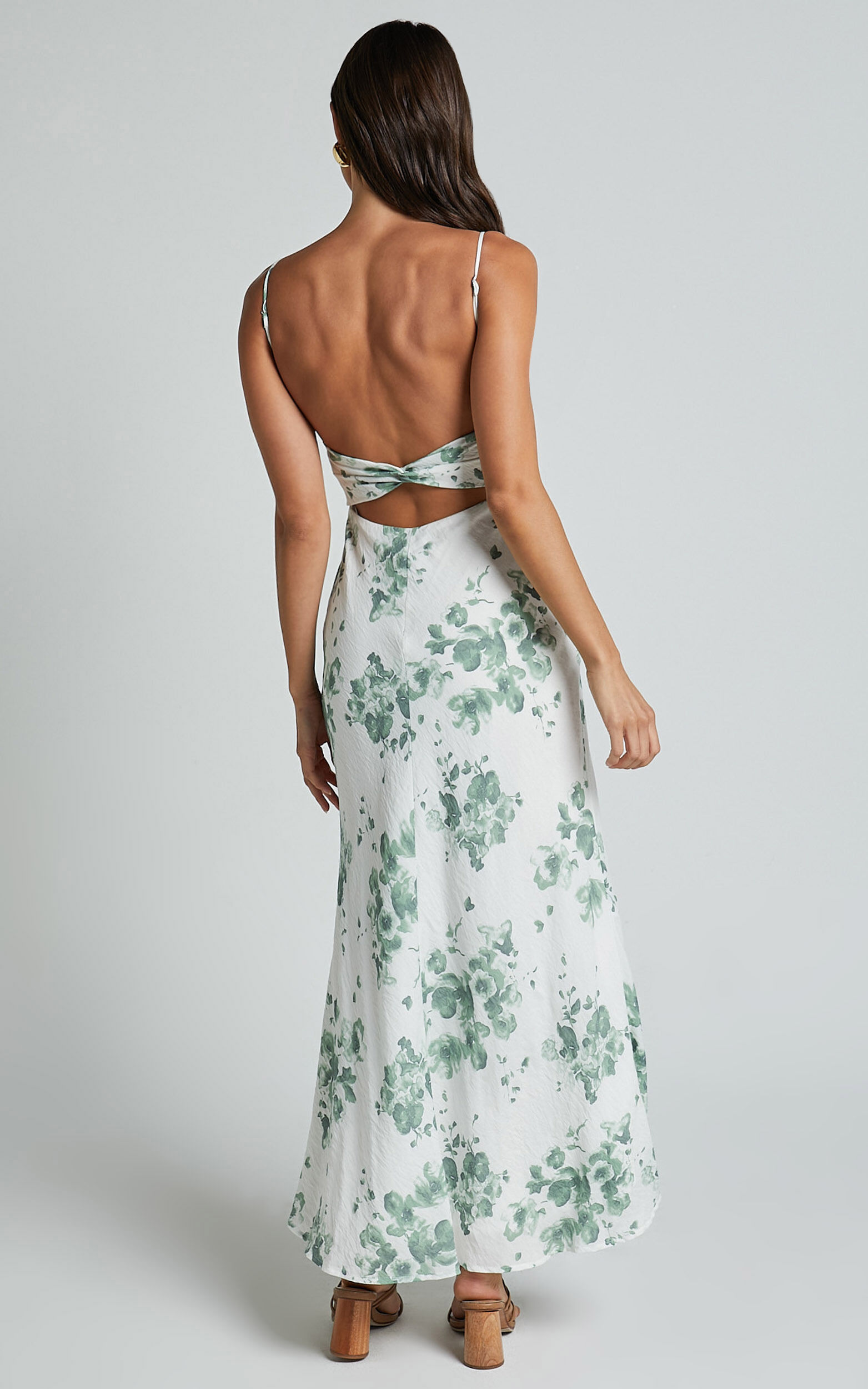 Bettina Midi Dress - Strappy Ruched Bust Slip Dress in Green and White Print