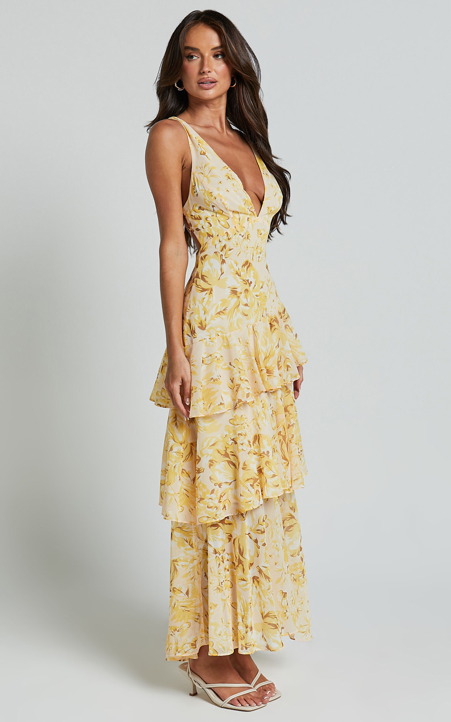 Beryl Midi Dress - Deep V Neck Sleeveless Layered Dress in Yellow Floral