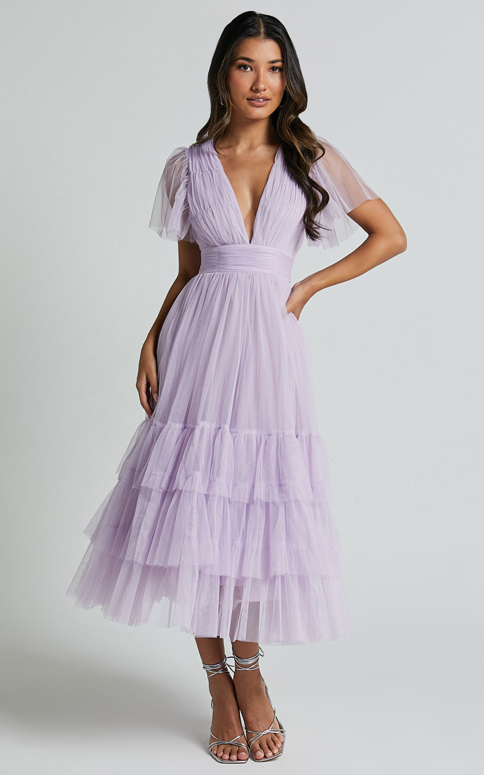 Jiraye Midi Dress - Flutter Sleeve Tuelle Plunge Dress in Lilac
