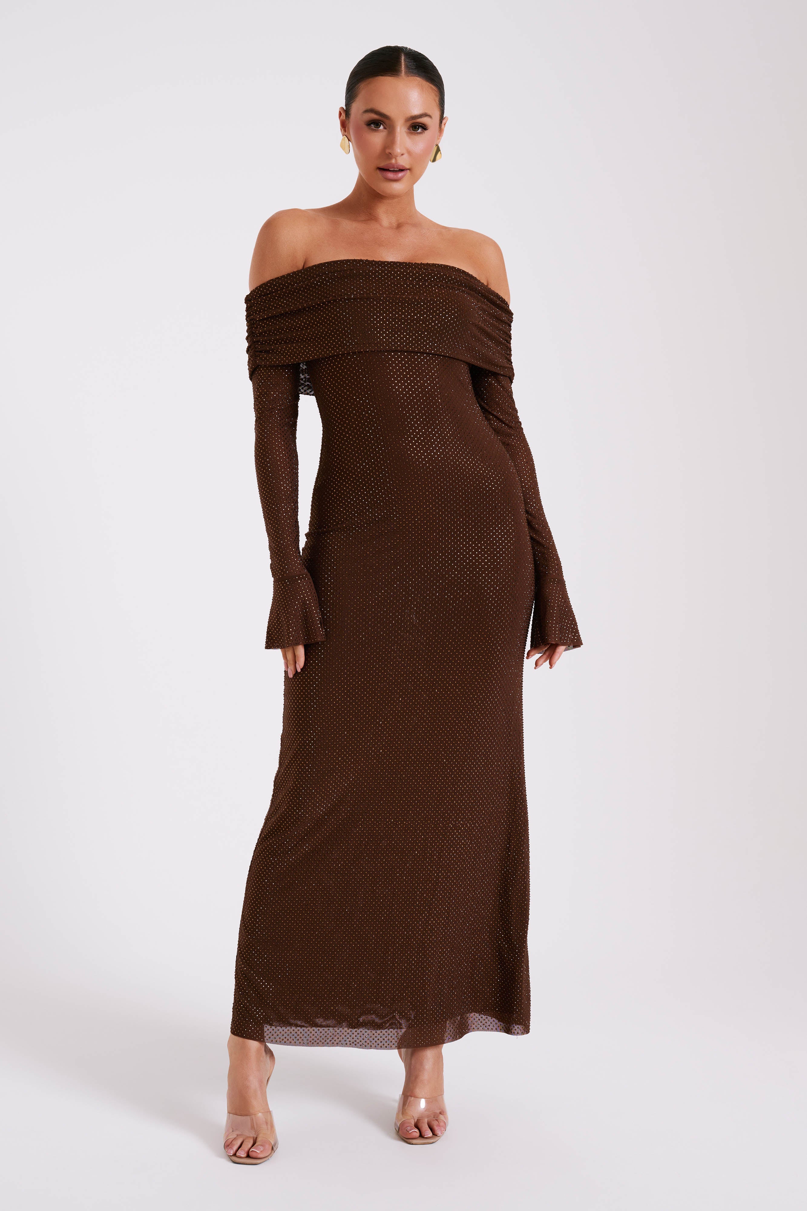 Marcel Off Shoulder Diamante Maxi Dress - Gunmetal/Chocolate