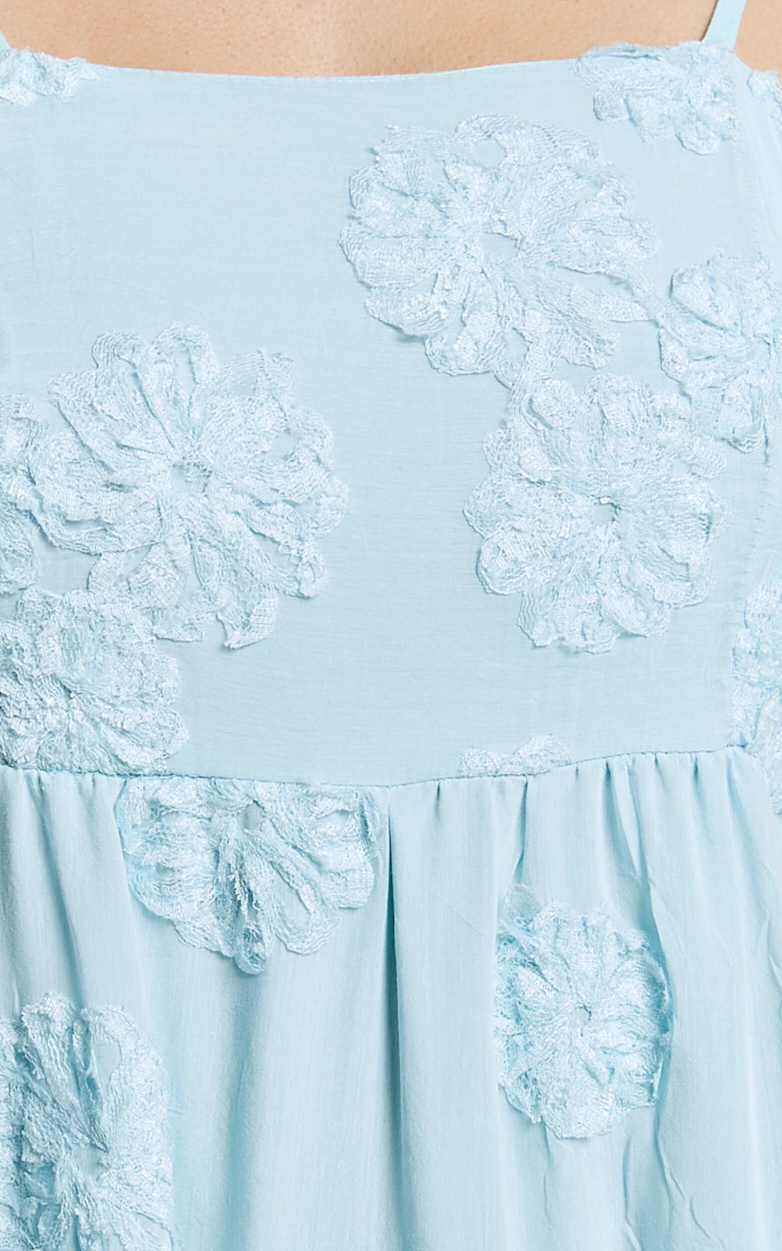 Claya Maxi Dress - Sleeveless Straight Neckline Floral Detail Dress in Pale Blue