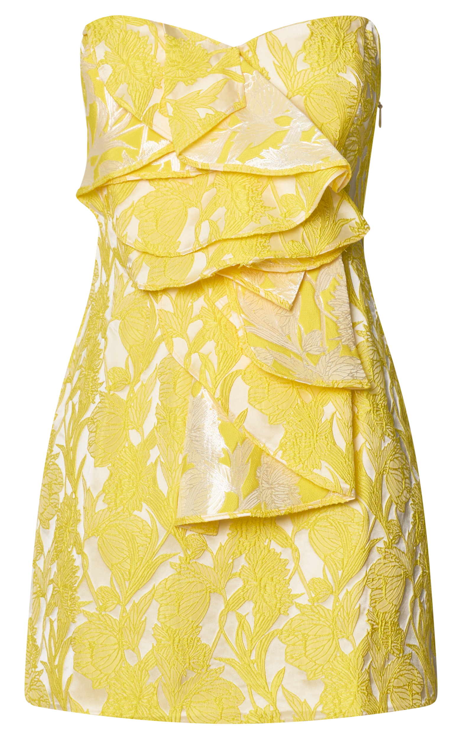 Amalie The Label - Frederika Strapless Ruffle Detail Jacquard Mini Dress in Yellow