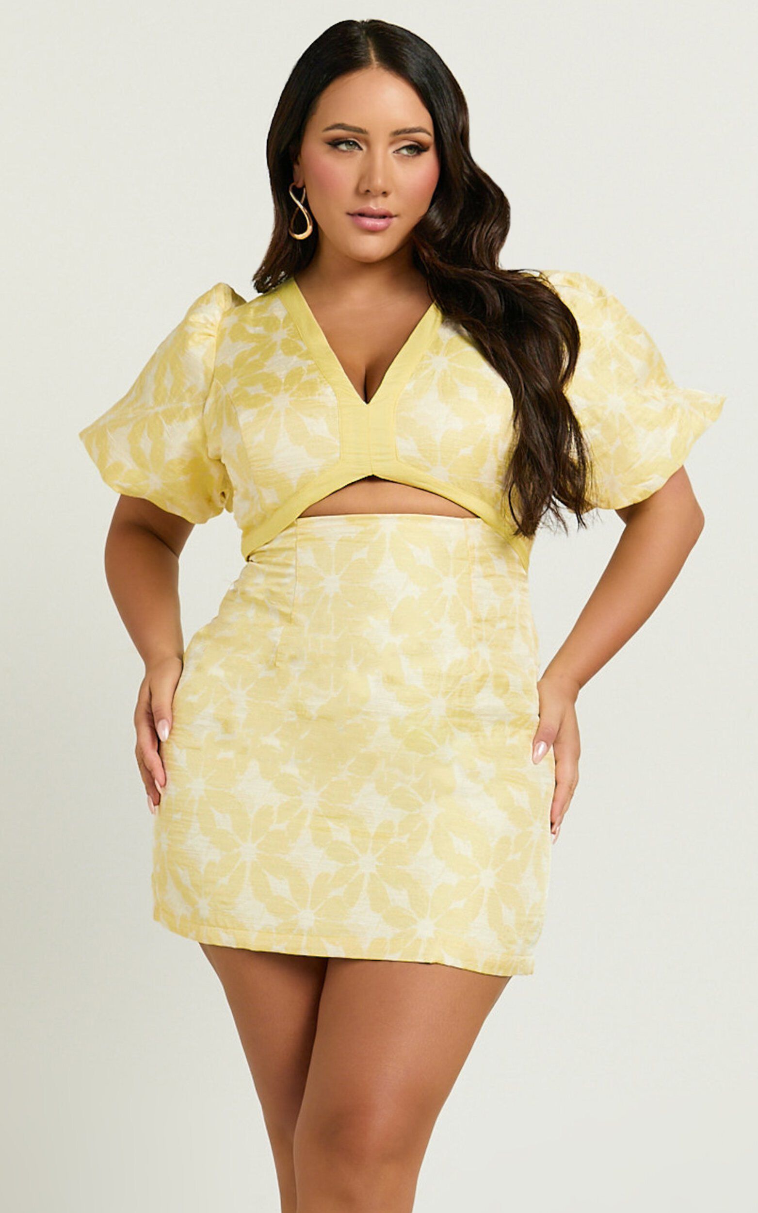 Diana Mini Dress - Jacquard Short Sleeve Cut Out Dress in Lemon