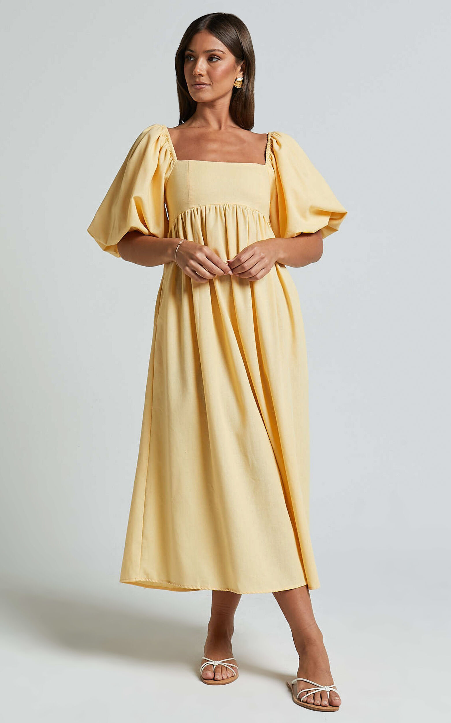 Cenia Midi Dress - Linen Straight Neck Shirred Back Puff Sleeve Dress in Lemon