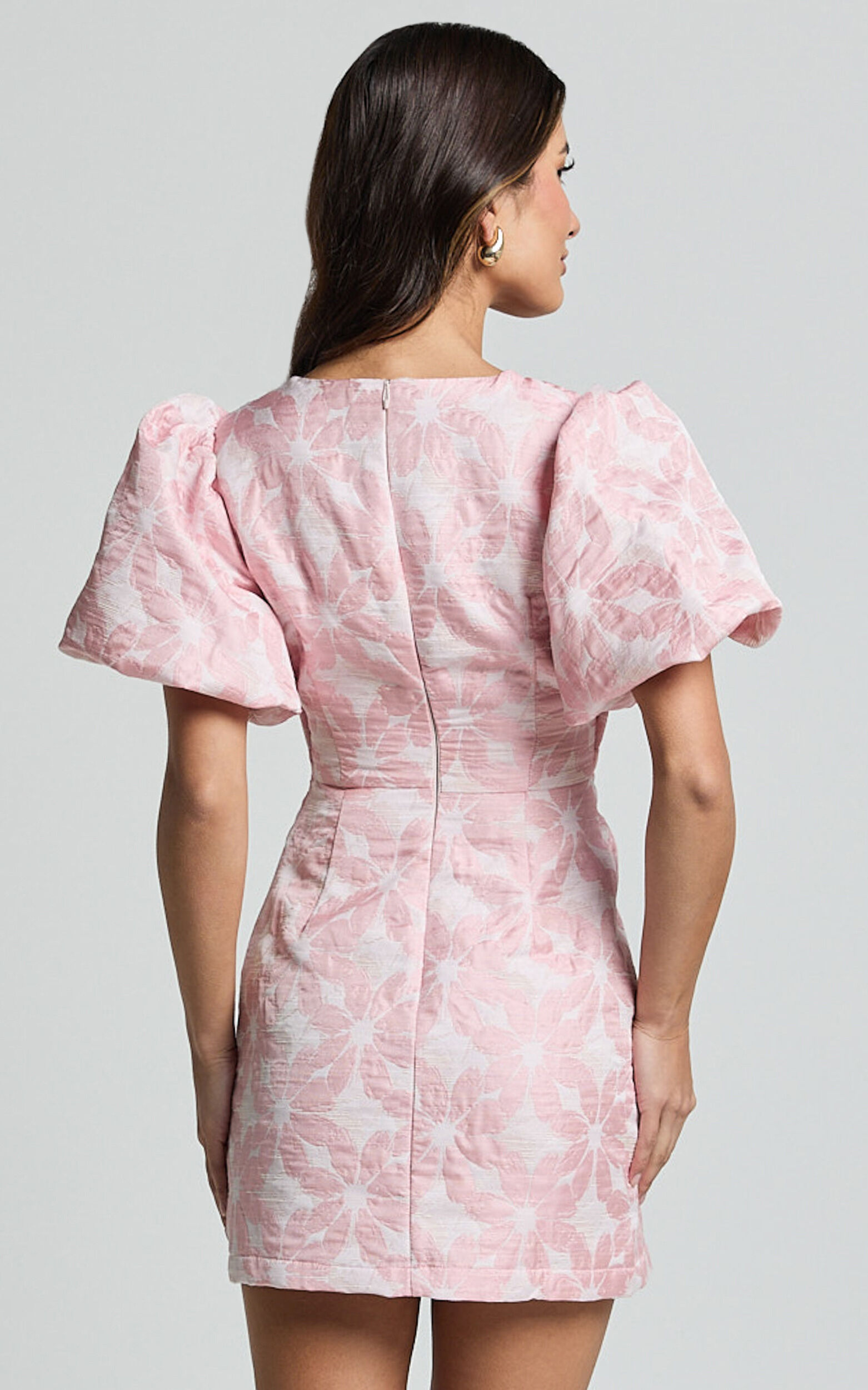 Diana Mini Dress - Jacquard Short Sleeve Cut Out Dress in Light Pink