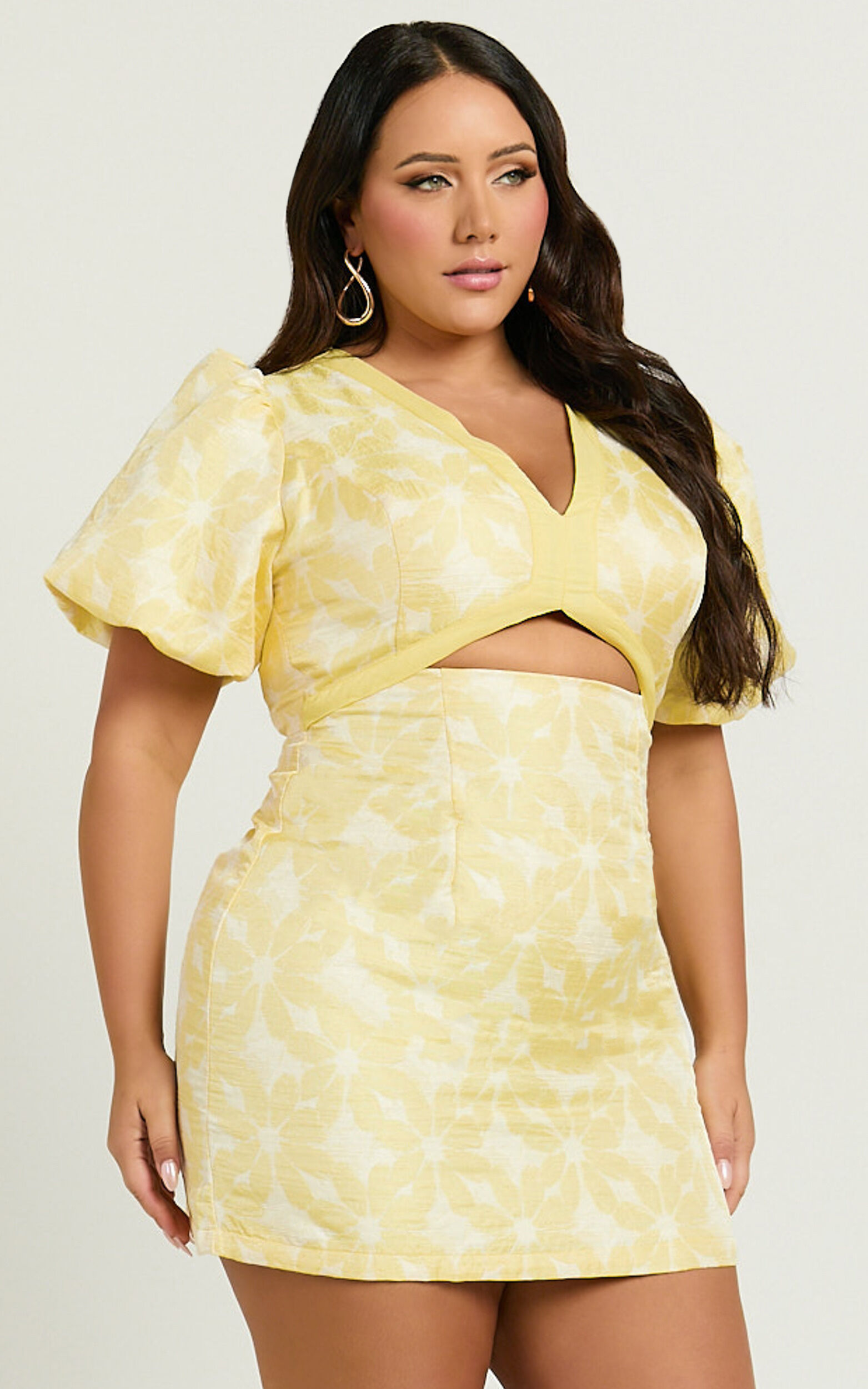 Diana Mini Dress - Jacquard Short Sleeve Cut Out Dress in Lemon