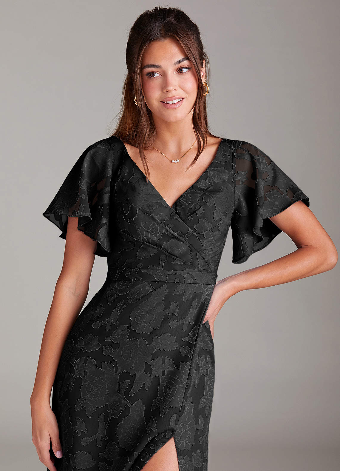 Black A-Line Pleated Floral Burnout Dress