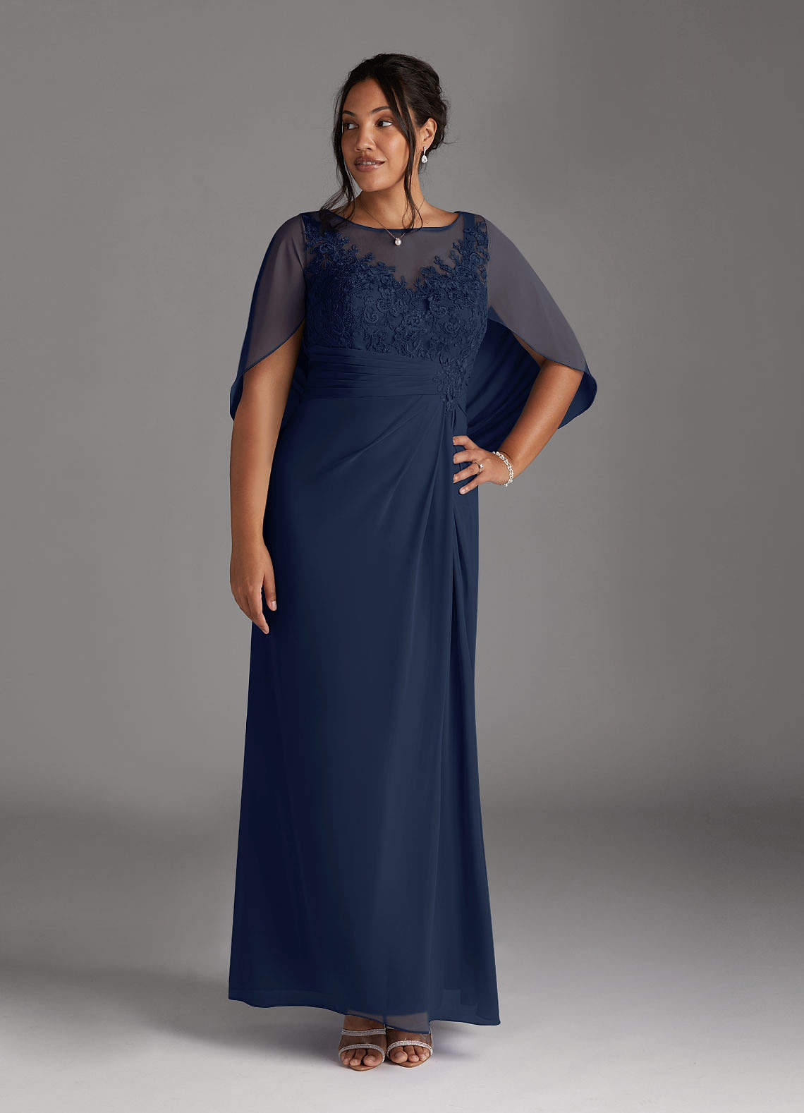 Dark Navy A-Line Lace Capelet Chiffon Dress